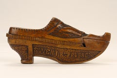 An unusual shoe-shaped burl wood snuffbox souvenir. Prussia, Germany 1871.