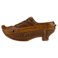 An unusual shoe-shaped burl wood snuffbox souvenir. Prussia, Germany 1871.