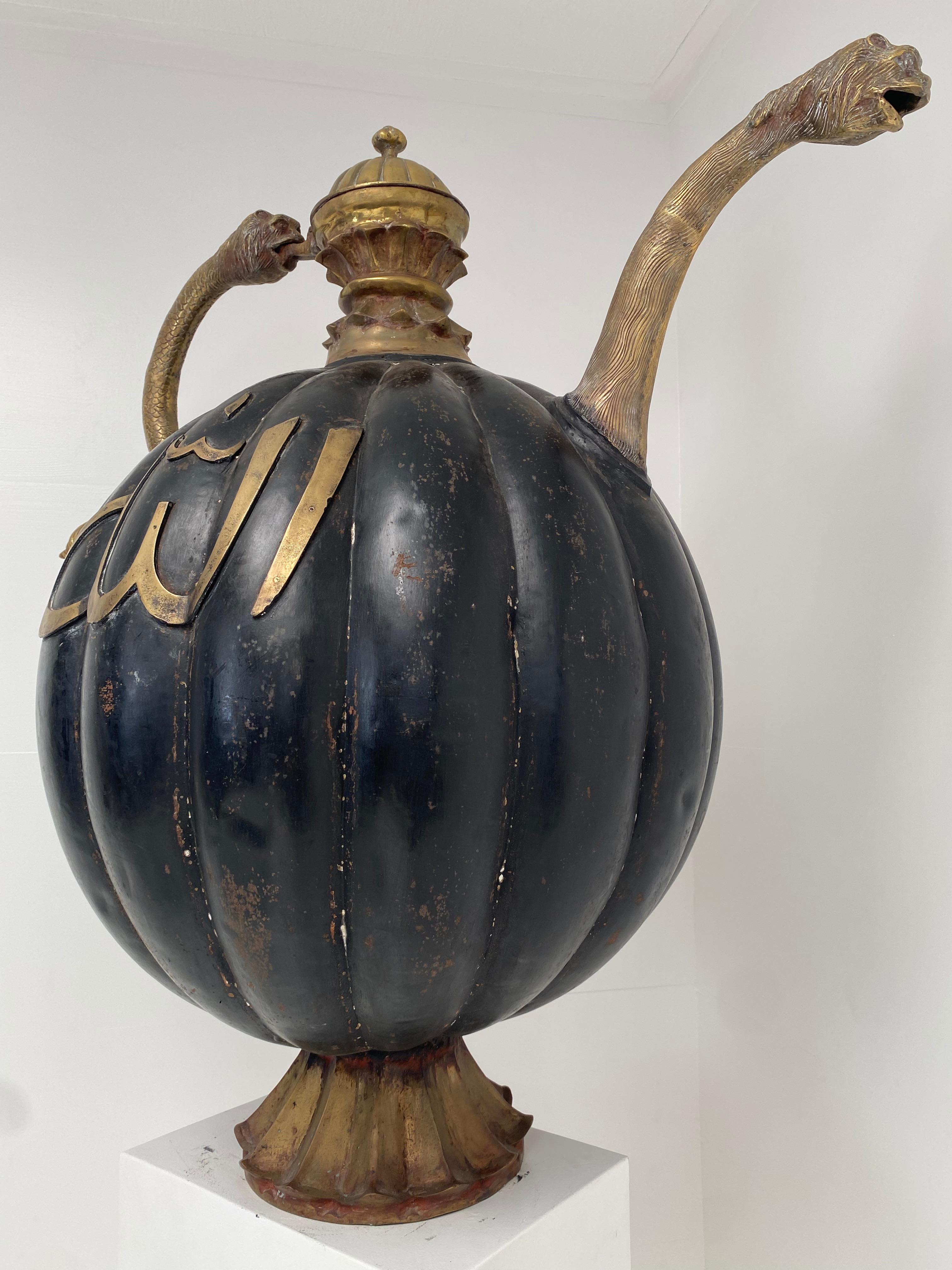 Polished Vintage, Extra Large Tea Pot Centerpiece in black and gold metal, Morocco. For Sale