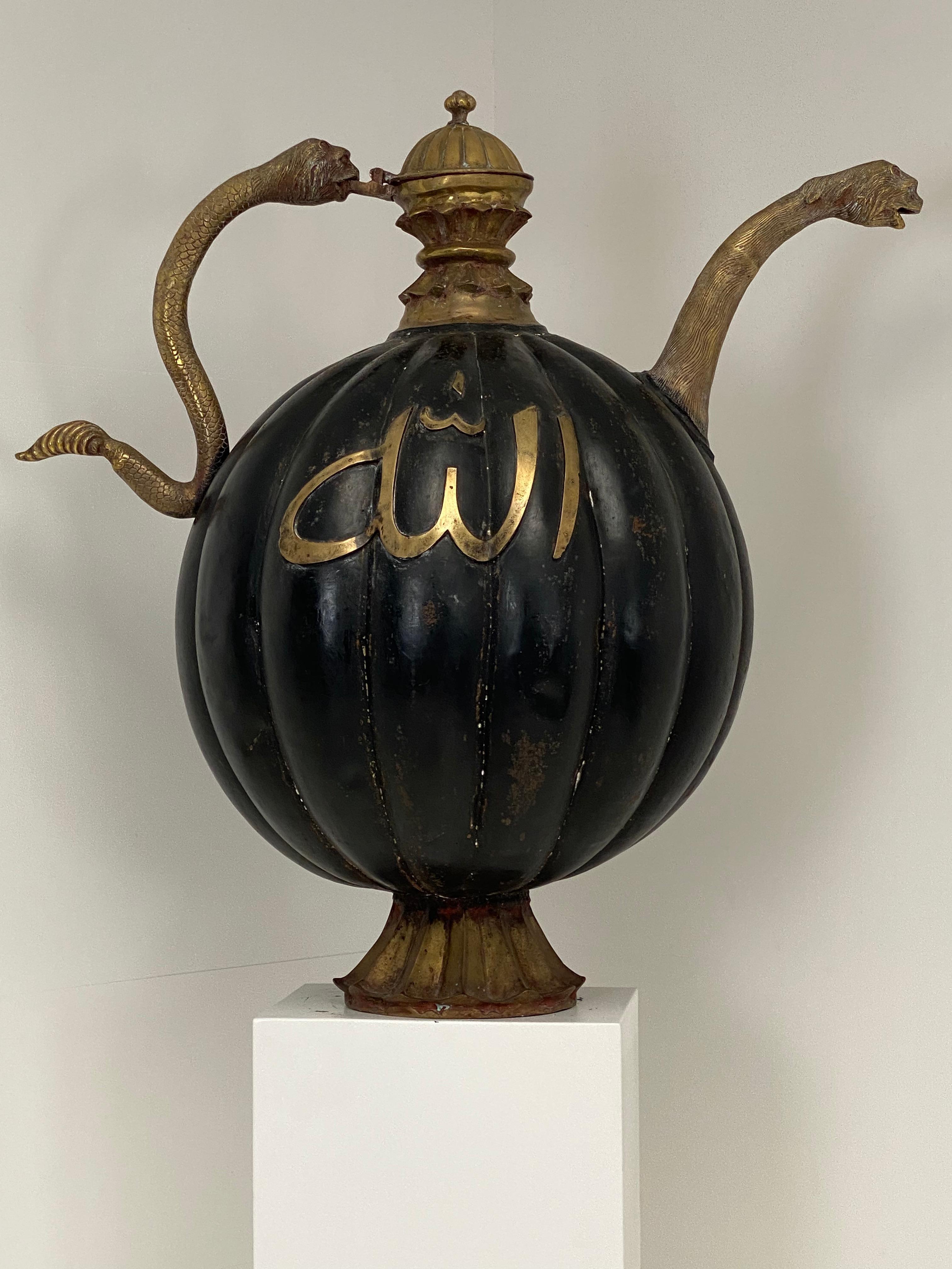 Late 20th Century Vintage, Extra Large Tea Pot Centerpiece in black and gold metal, Morocco. For Sale