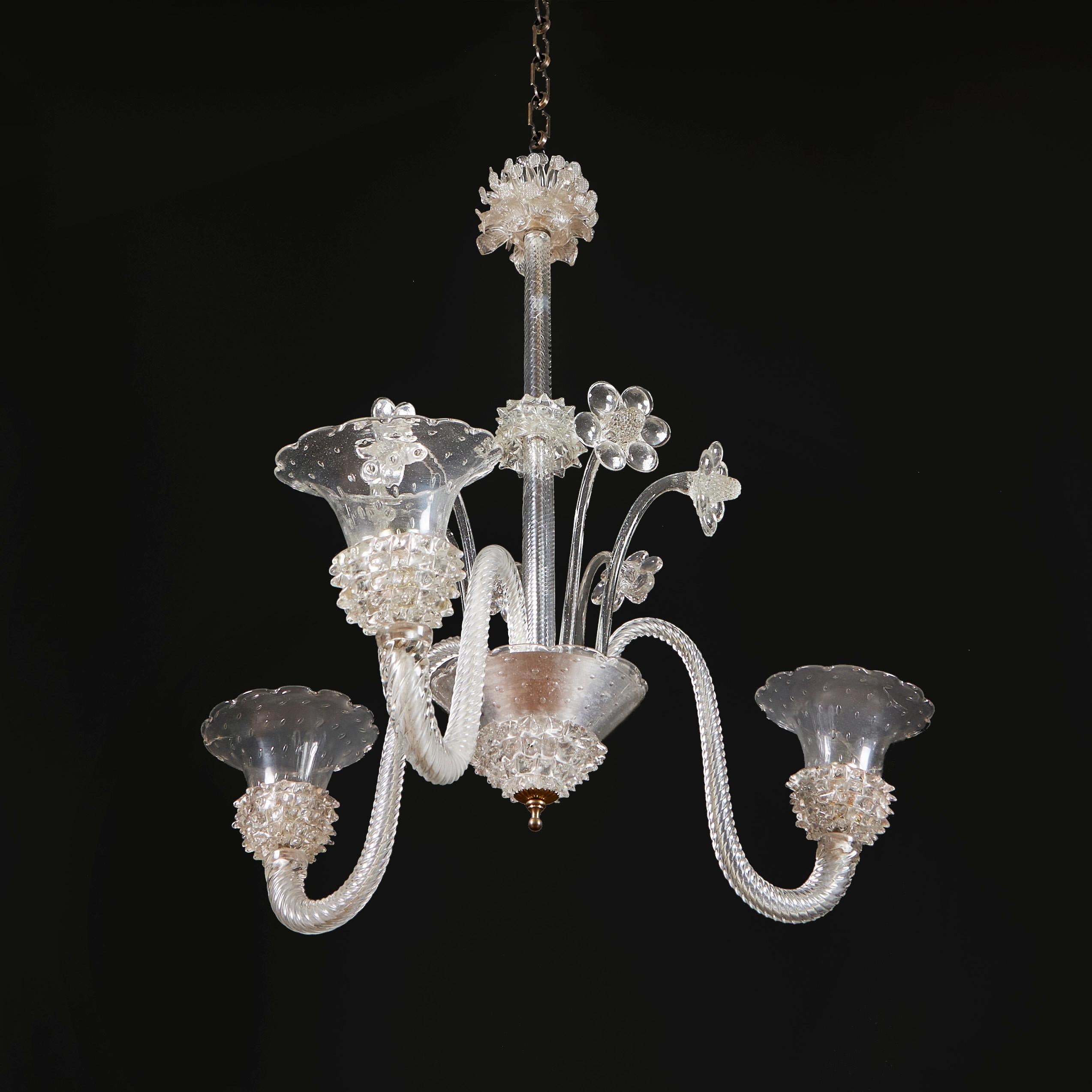 

Italy, circa 1930

An unusual three arm Murano chandelier, with bullicante arms, star cut sections on the collumn and arms, with six cut glass flowers.

Height of stem 84.00cm
Diameter 90.00cm.