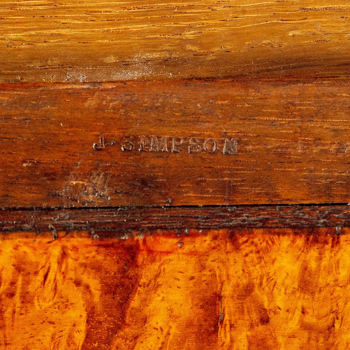 An unusual William IV amboyna and oak four drawer library table by Simpson For Sale 5