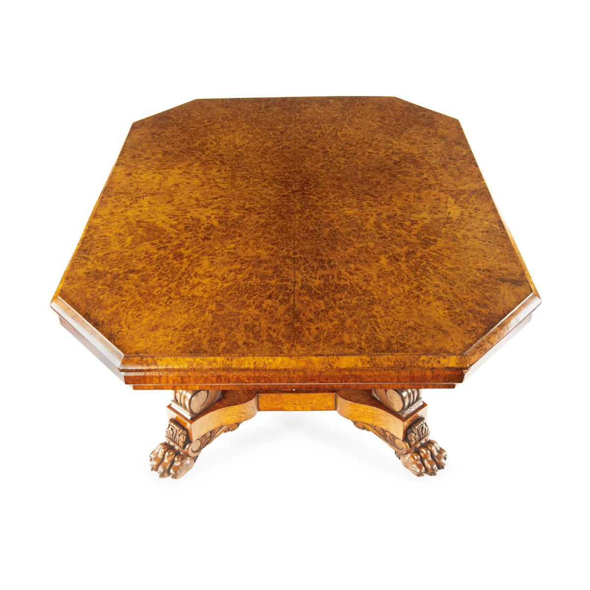 19th Century An unusual William IV amboyna and oak four drawer library table by Simpson For Sale