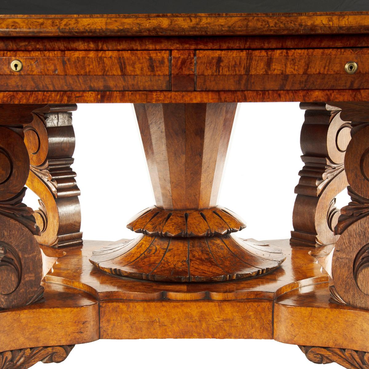 Amboyna An unusual William IV amboyna and oak four drawer library table by Simpson For Sale