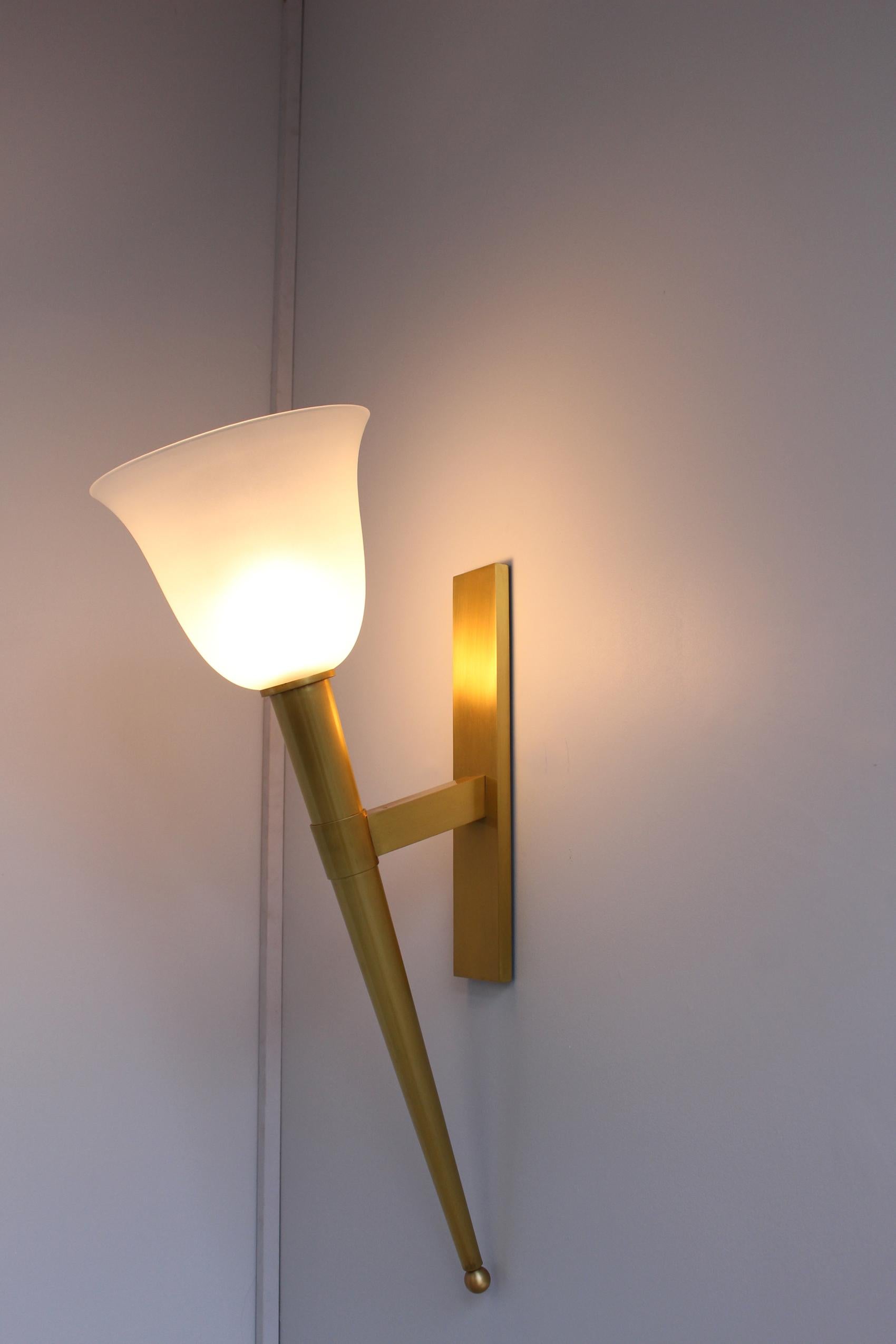 Jean Perzel - Unusually large fine French Mid-Century bronze torchere sconce with a  frosted glass shade
 