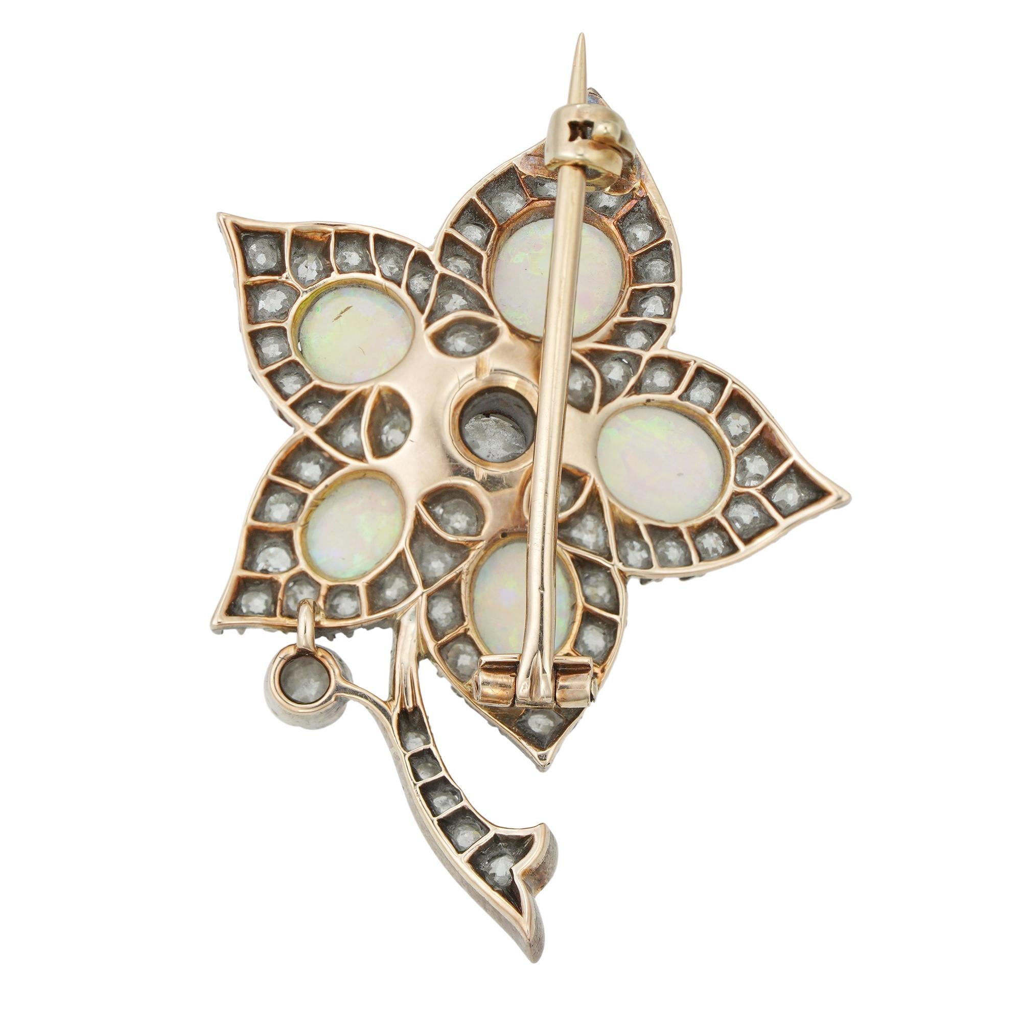 High Victorian Victorian Opal and Diamond Flower Brooch For Sale