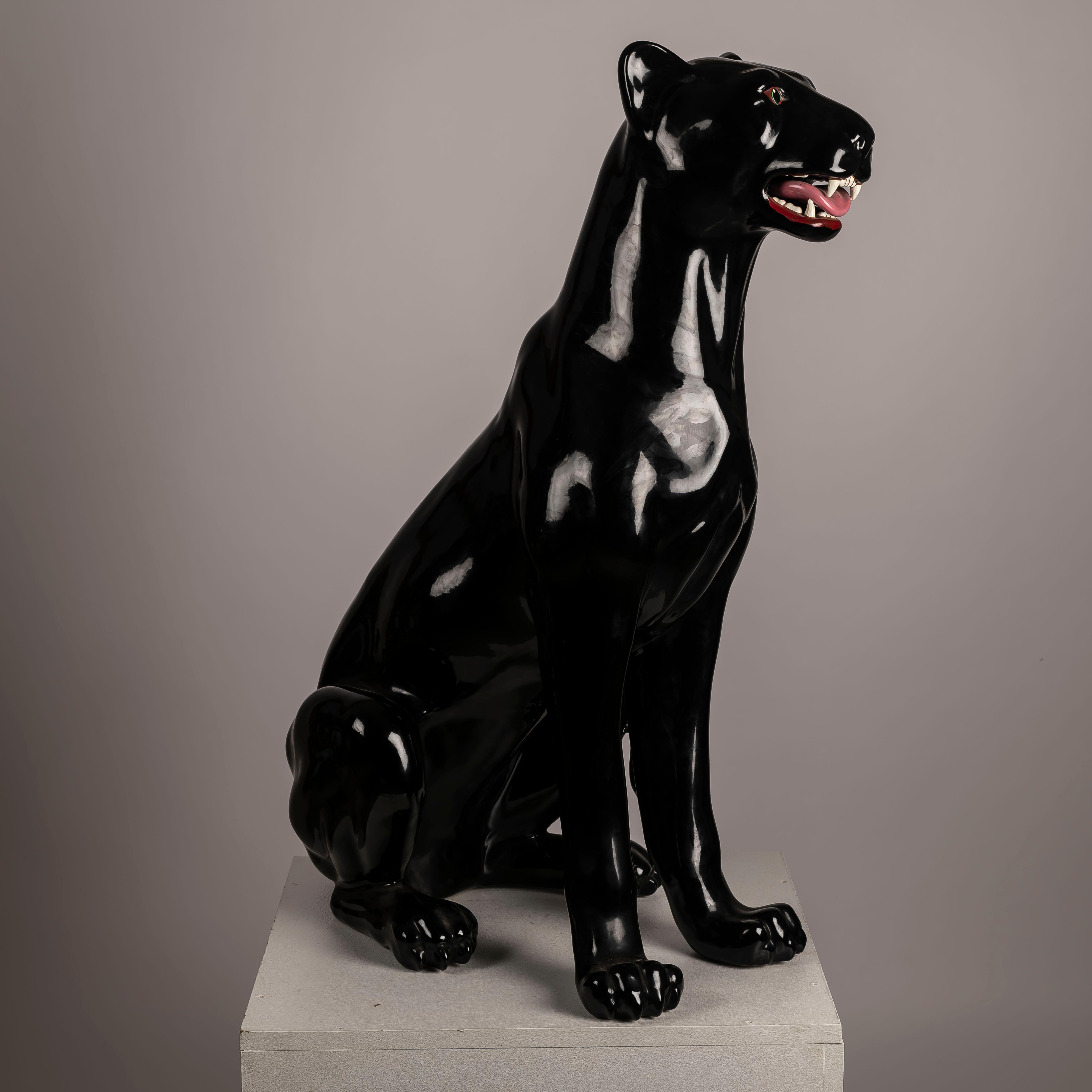 Glazed An XXL Black Panther Spanish ceramic BONDIA For Sale