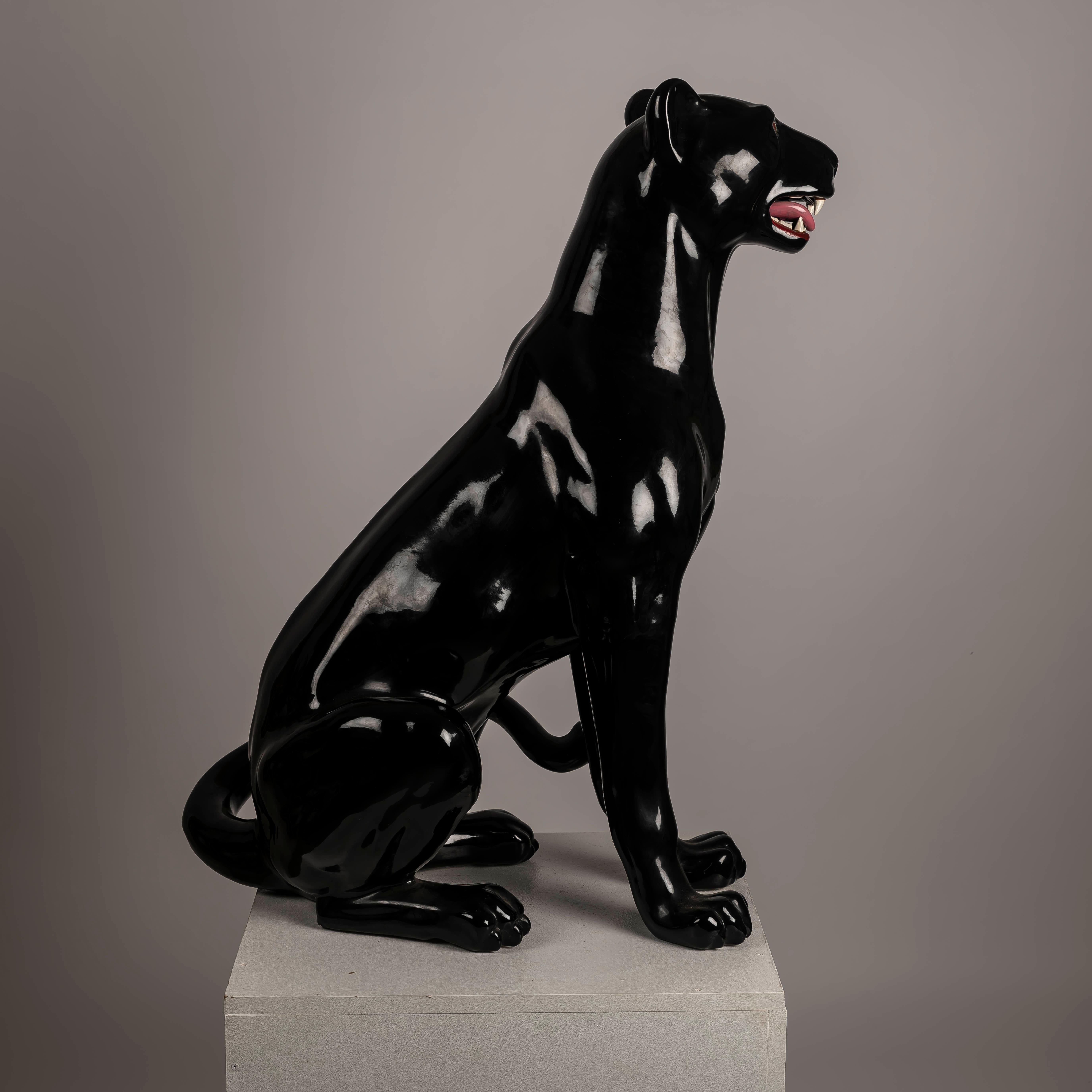 An XXL Black Panther Spanish ceramic BONDIA In Good Condition For Sale In BARCELONA, ES
