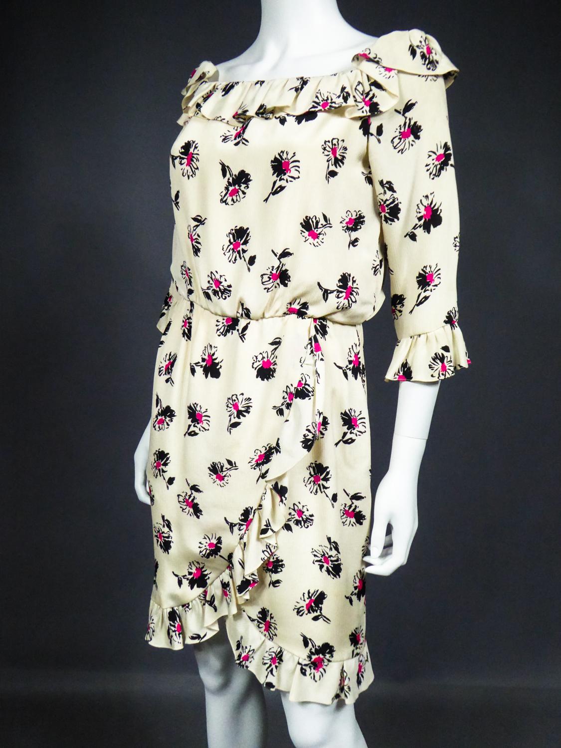 1987 Fall Collection
France

Summer dress in cream silk printed with a fuschia and black daisies pattern by Yves Saint Laurent Haute Couture - 1987 Collection. Fabric made by the House Designer Abraham. Bardot collar, 3/4 sleeves. Sleeves, collar