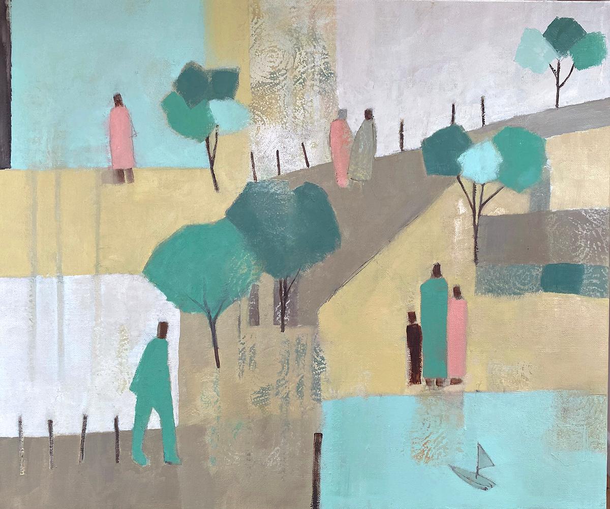 A Walk in the Park VII Figurative Cityscape Park Art, Contemporary Geometric Art - Gray Figurative Painting by Ana Bianchi