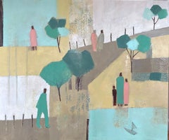 A Walk in the Park VII Figurative Cityscape Park Art, Art géométrique contemporain