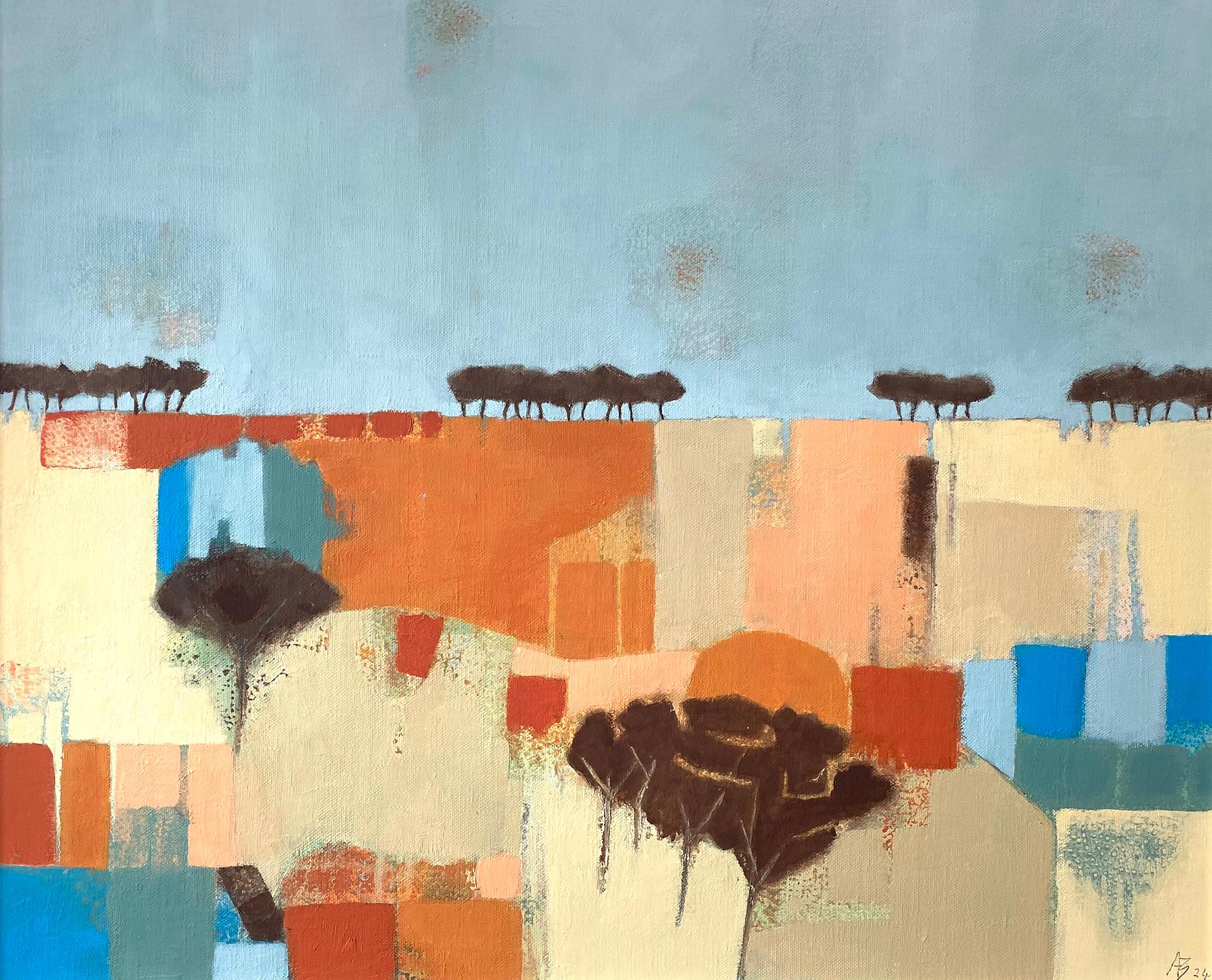 Landscape Painting Ana Bianchi - Jours d'été, peinture originale, art abstrait contemporain, paysage, prairie