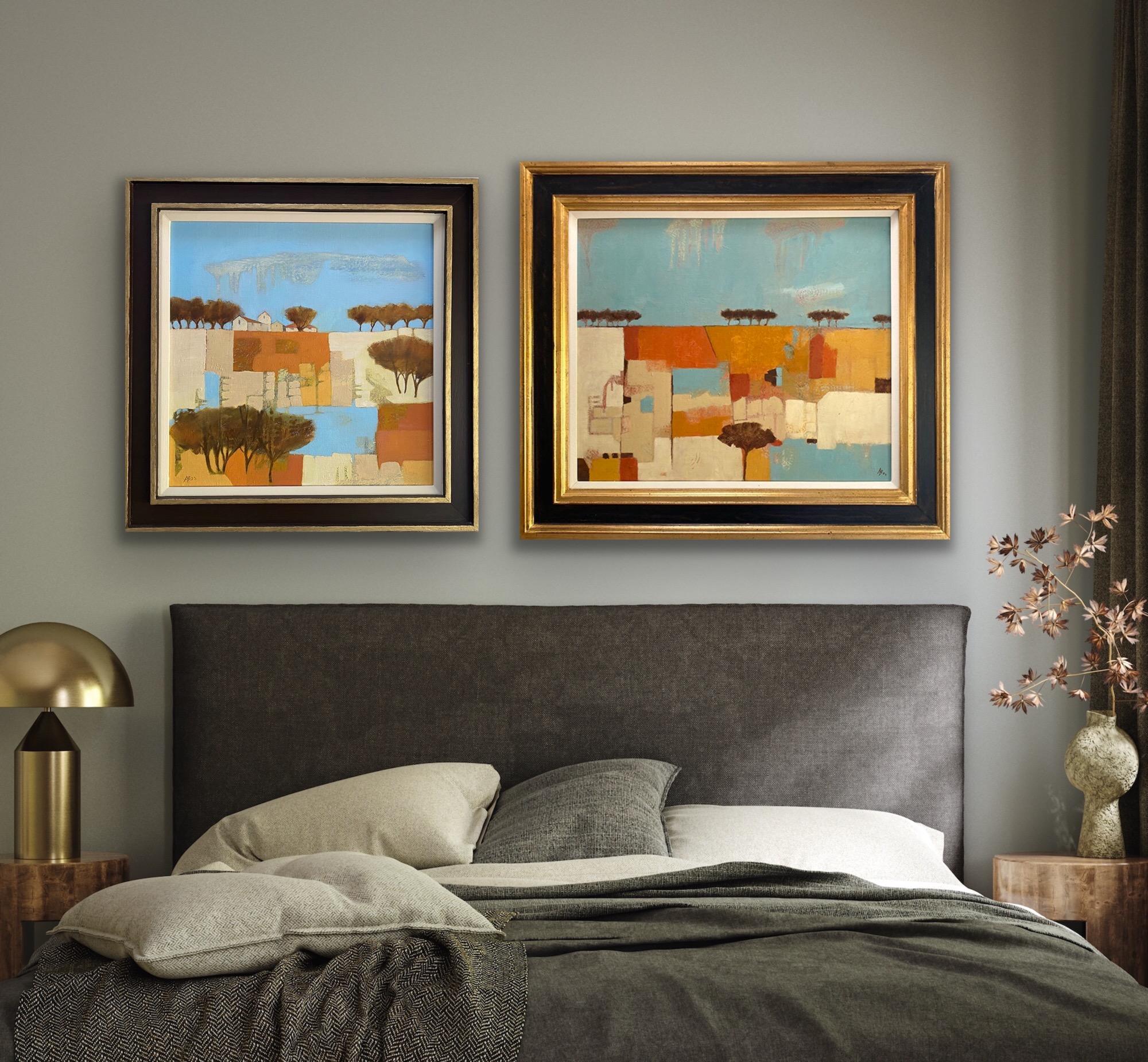 Diptych of Hot Fields and Patchwork Fields, Original Painting, Summer  For Sale 9