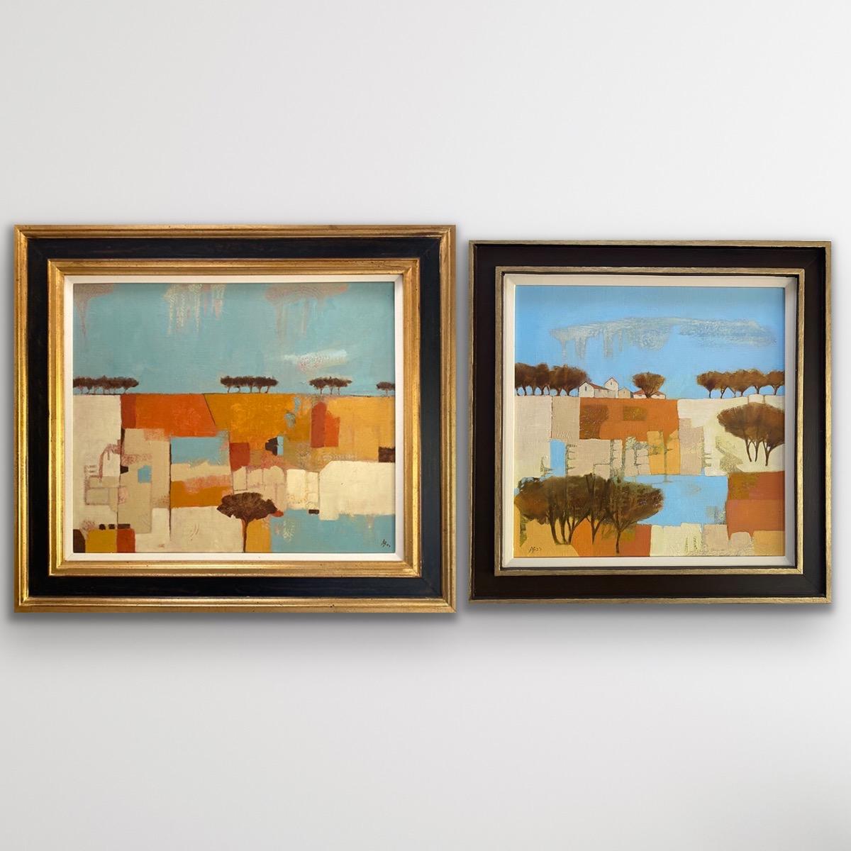 Ana Bianchi Figurative Painting - Diptych of Hot Fields and Patchwork Fields, Original Painting, Summer 