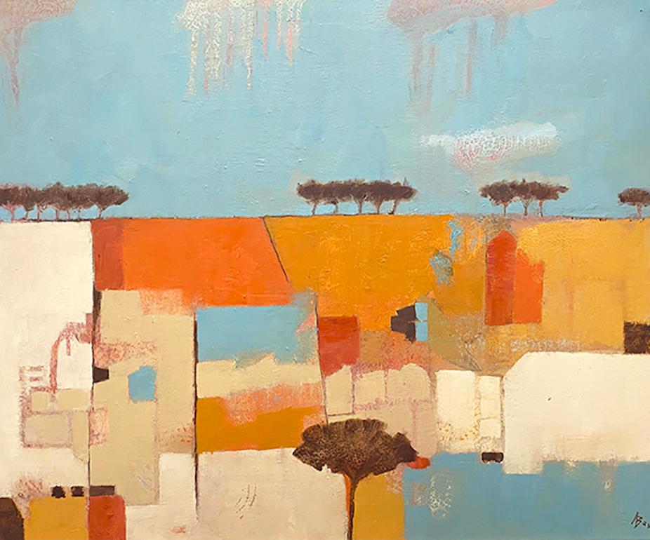 Landscape Painting de Ana Bianchi - Campos calientes, Pintura original, Arte abstracto contemporáneo, Campo de verano colorido