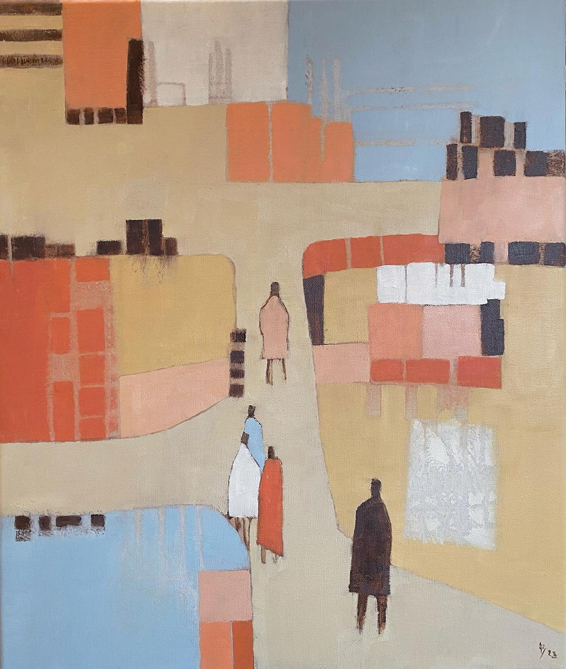 Ana Bianchi Figurative Painting - Walking Home II, Cityscape Figurative Park Art, Geometric Abstract Painting