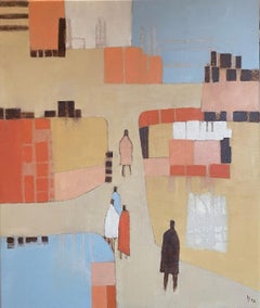 Walking Home II, Cityscape Figurative Park Art, Geometric Abstract Painting