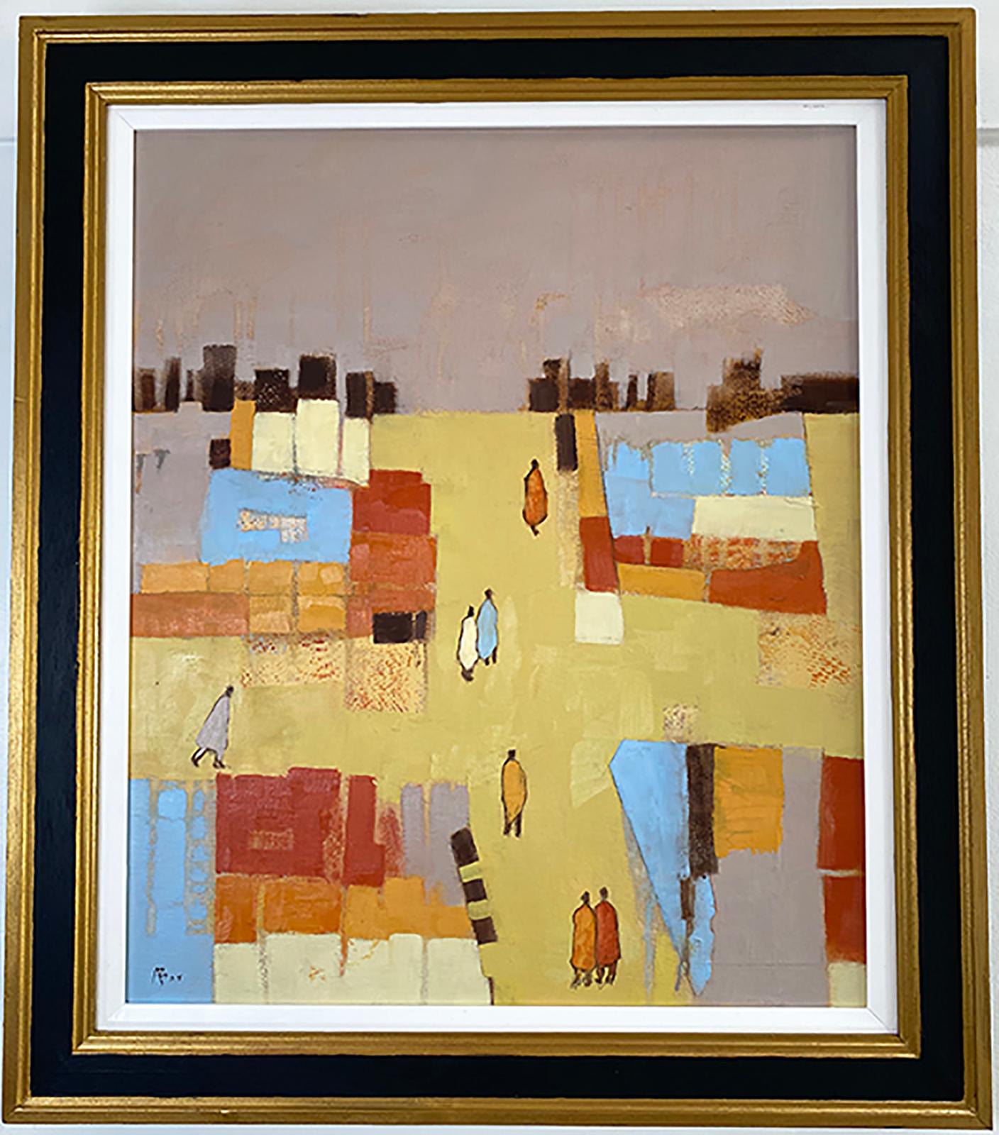Walking Home VIII, Original Painting, Contemporary Abstract art, Landscape - Beige Landscape Painting by Ana Bianchi