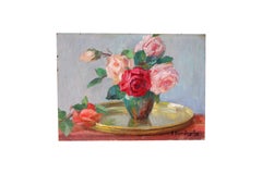 Vintage roses oil painting on wood board by French artist Ana Bono-Dugelay