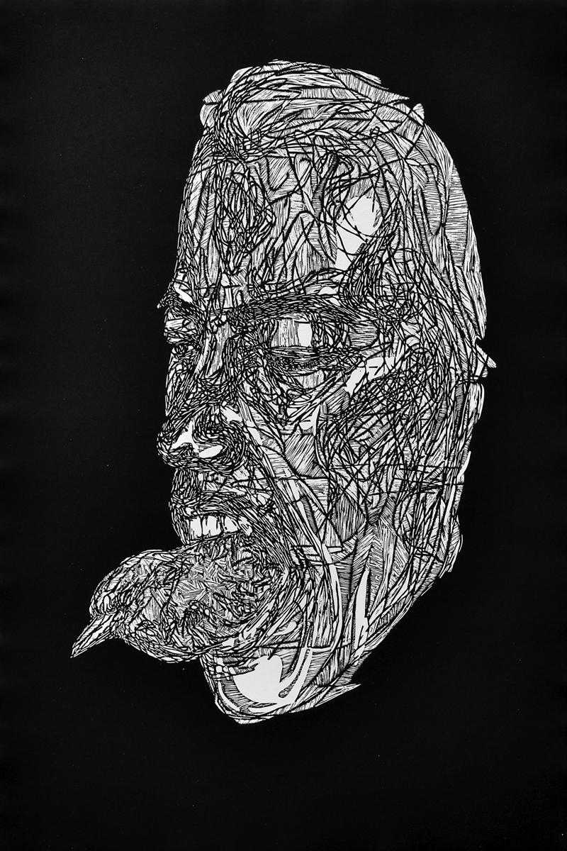Ana Cazares, ¨Ave en boca¨, 2019, Xilografía, 44.1x29.9 in