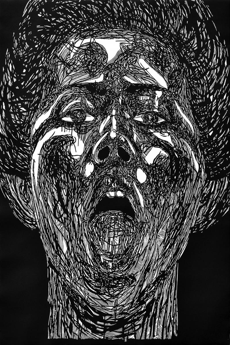 Ana Cazares, ¨Lengua afuera¨, 2019, Xilografía, 44.1x29.9 in