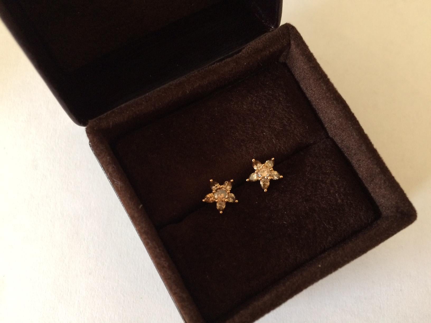 Ana de Costa 18ct Rose Gold Cognac Diamond Flower Pendant And Stud Earrings Set For Sale 2