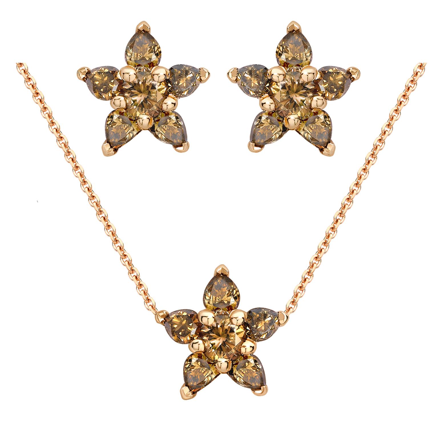 Ana de Costa 18ct Rose Gold Cognac Diamond Flower Pendant And Stud Earrings Set For Sale