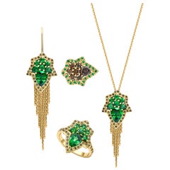 Ana De Costa 18ct Yellow Gold Tsavorite Cognac Diamond Pendant Ring Earring set