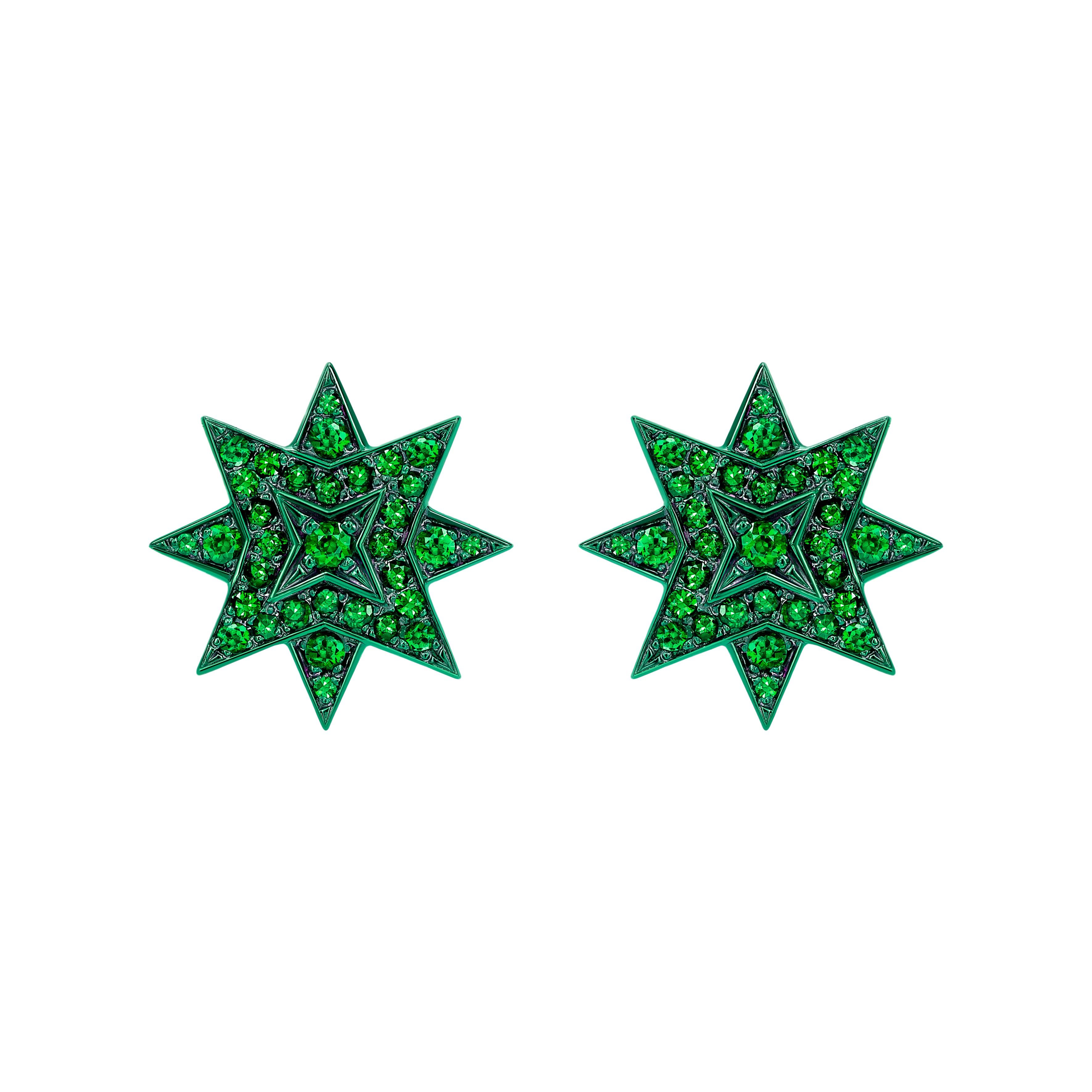 Ana de Costa Emerald Yellow Gold Star Stud Earrings For Sale