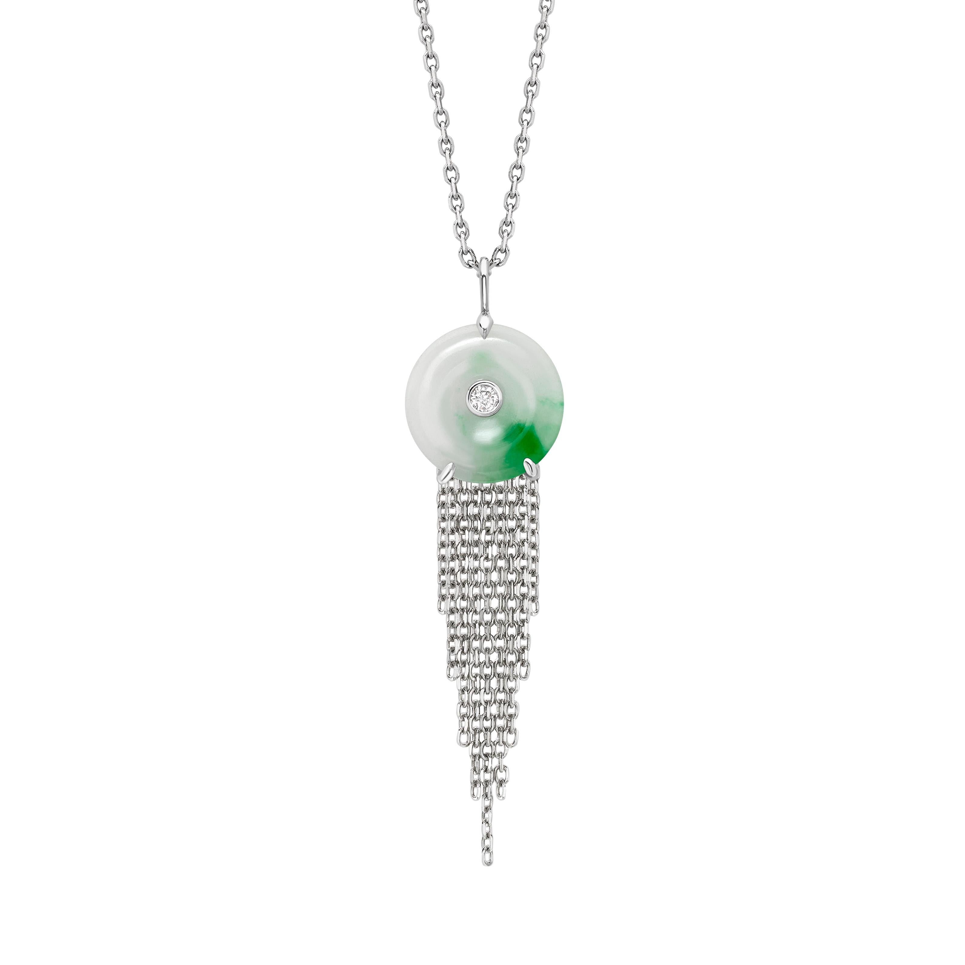 Contemporary Ana de Costa Platinum Jade White Diamond Circular Chain Drop Pendant Earring Set For Sale