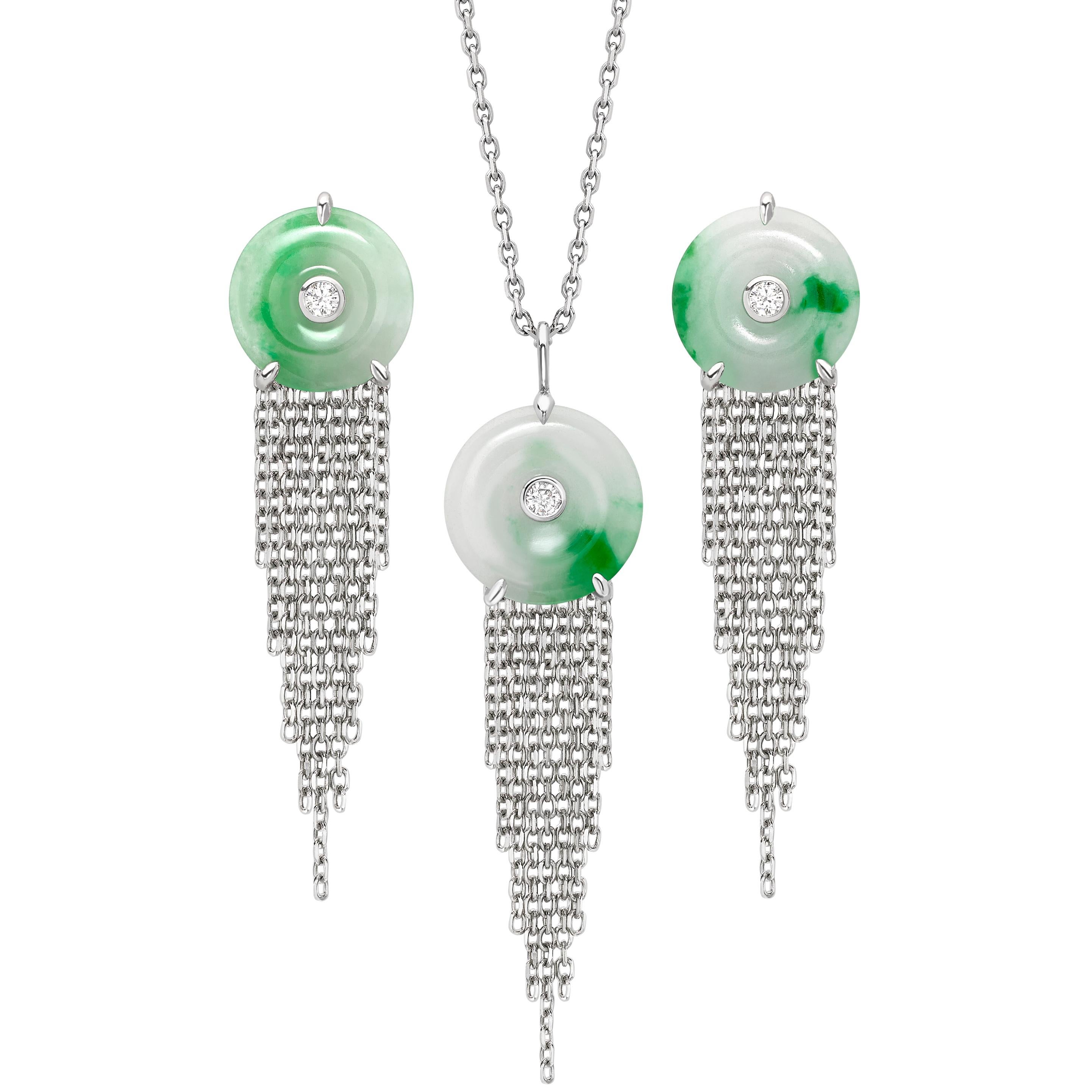 Ana de Costa Platinum Jade White Diamond Circular Chain Drop Pendant Earring Set For Sale