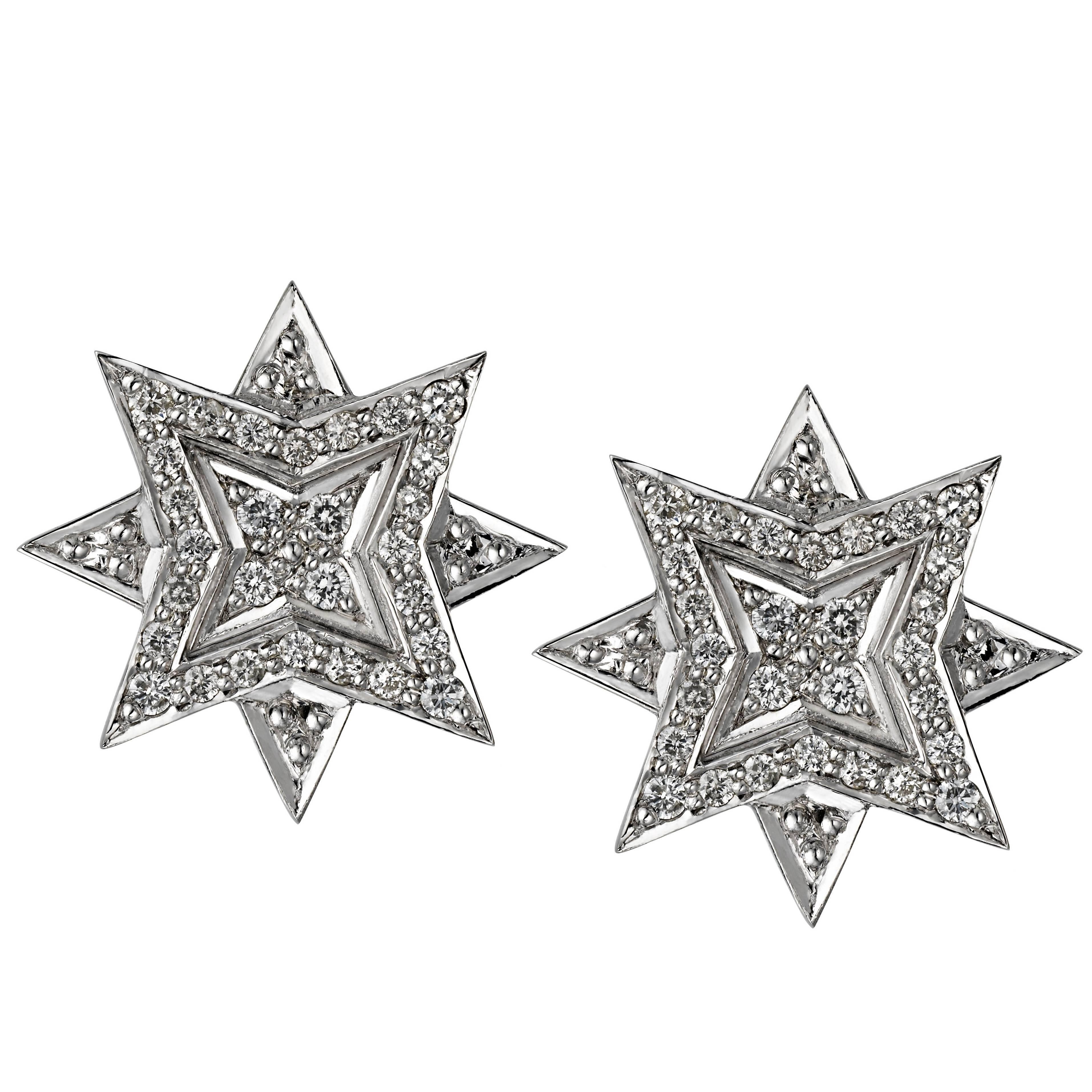 Platinum Round White Diamond Star Stud Earrings For Sale