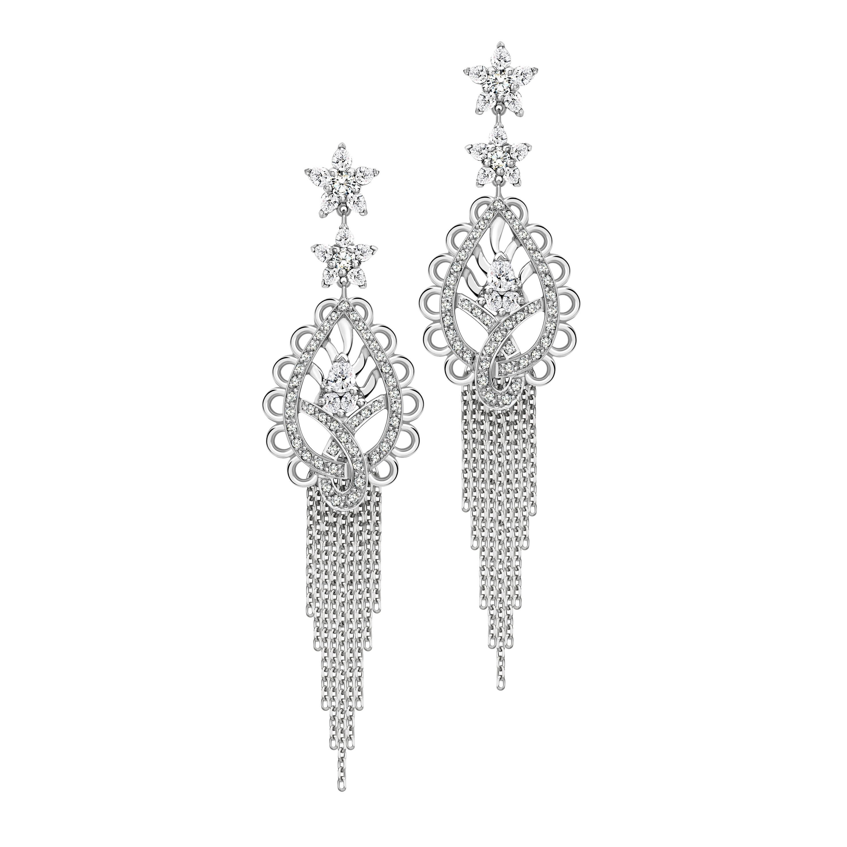 Contemporary Ana de Costa Platinum White Diamond Paisley Chain Drop Earring Pendant Set For Sale