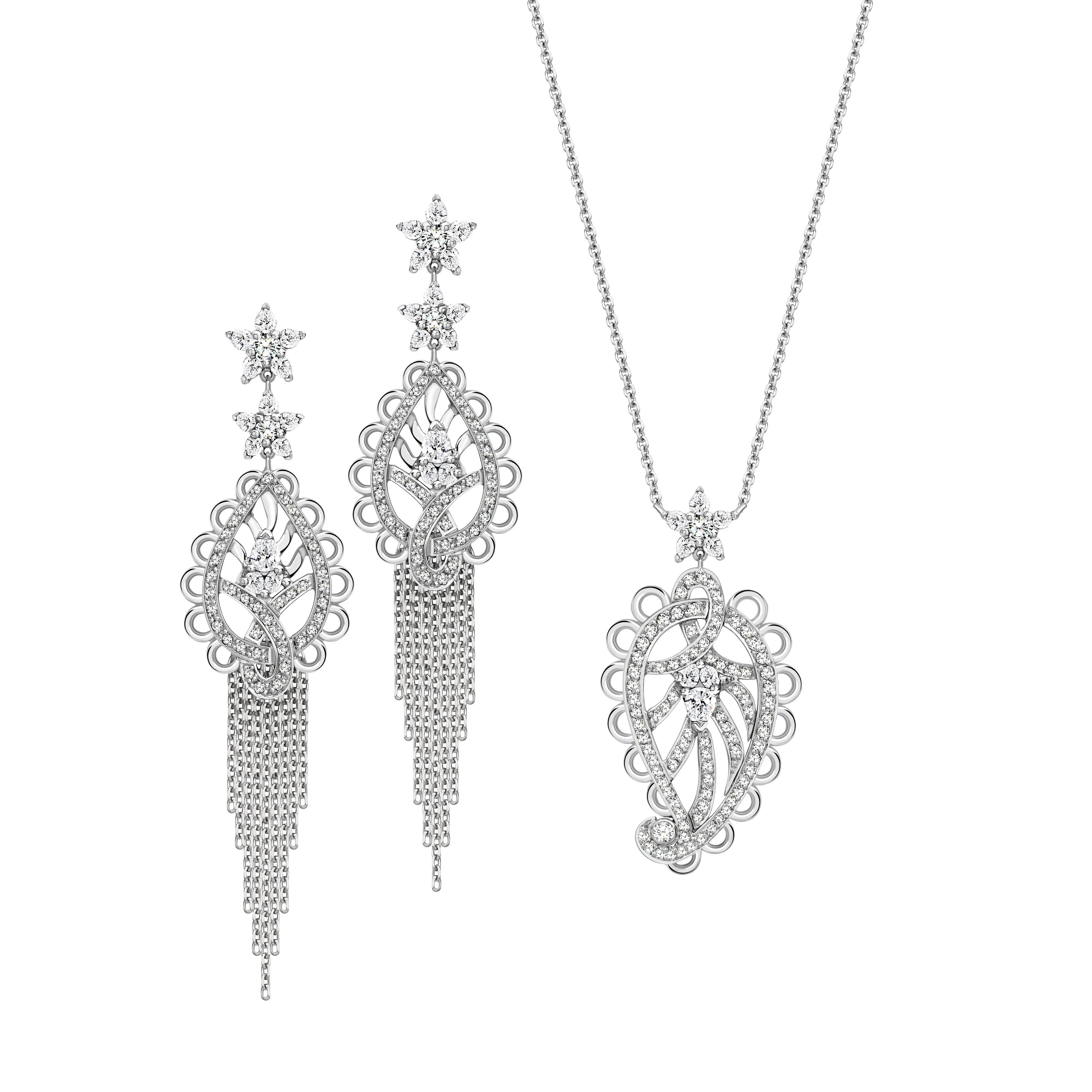 Ana de Costa Platinum White Diamond Paisley Chain Drop Earring Pendant Set For Sale