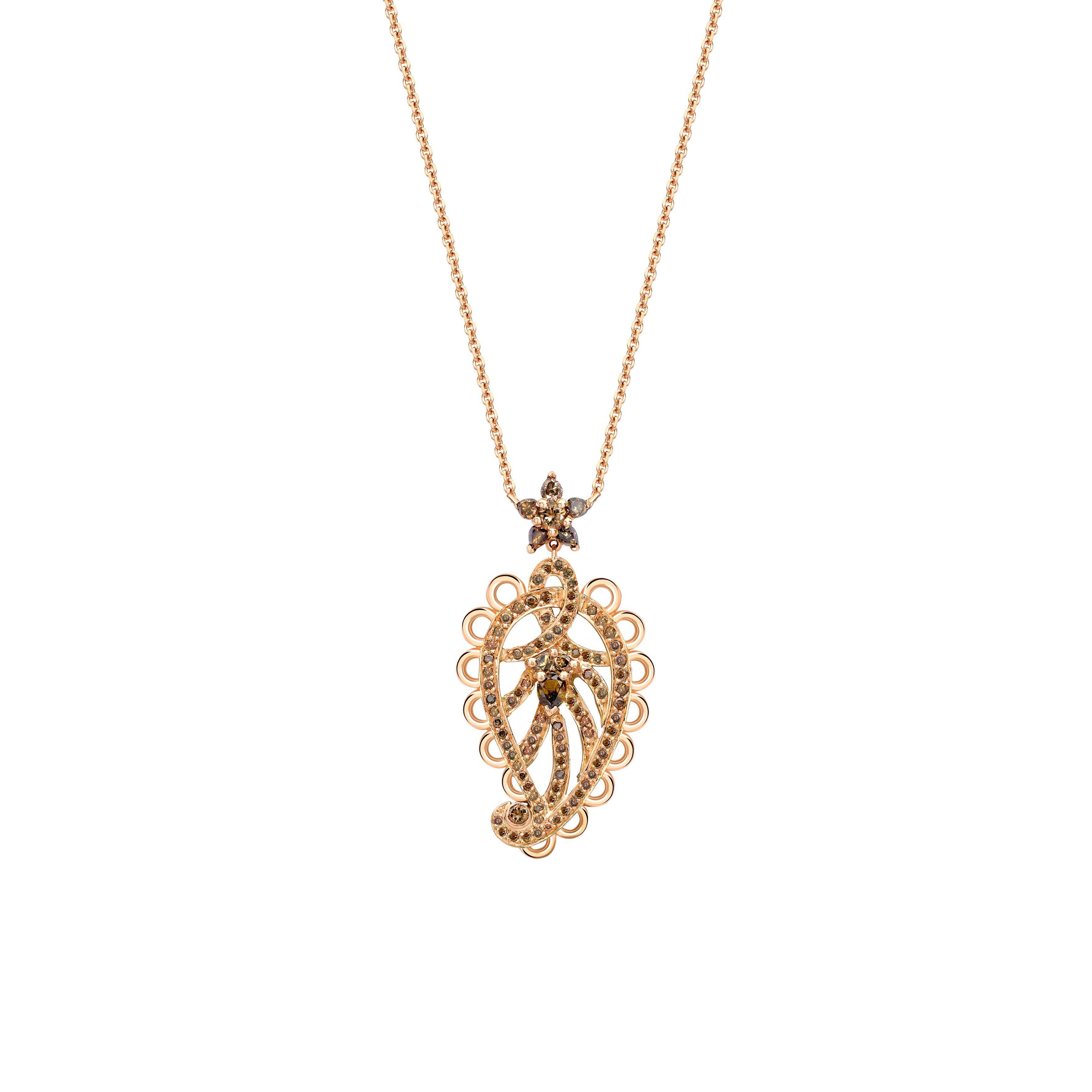 This beautiful set would look striking worn together or as separate pieces. The details of each piece are as follows:

Pendant

The pendant is handcrafted from 18ct rose gold and set with natural cognac diamonds which total 1.46ct. These stones were