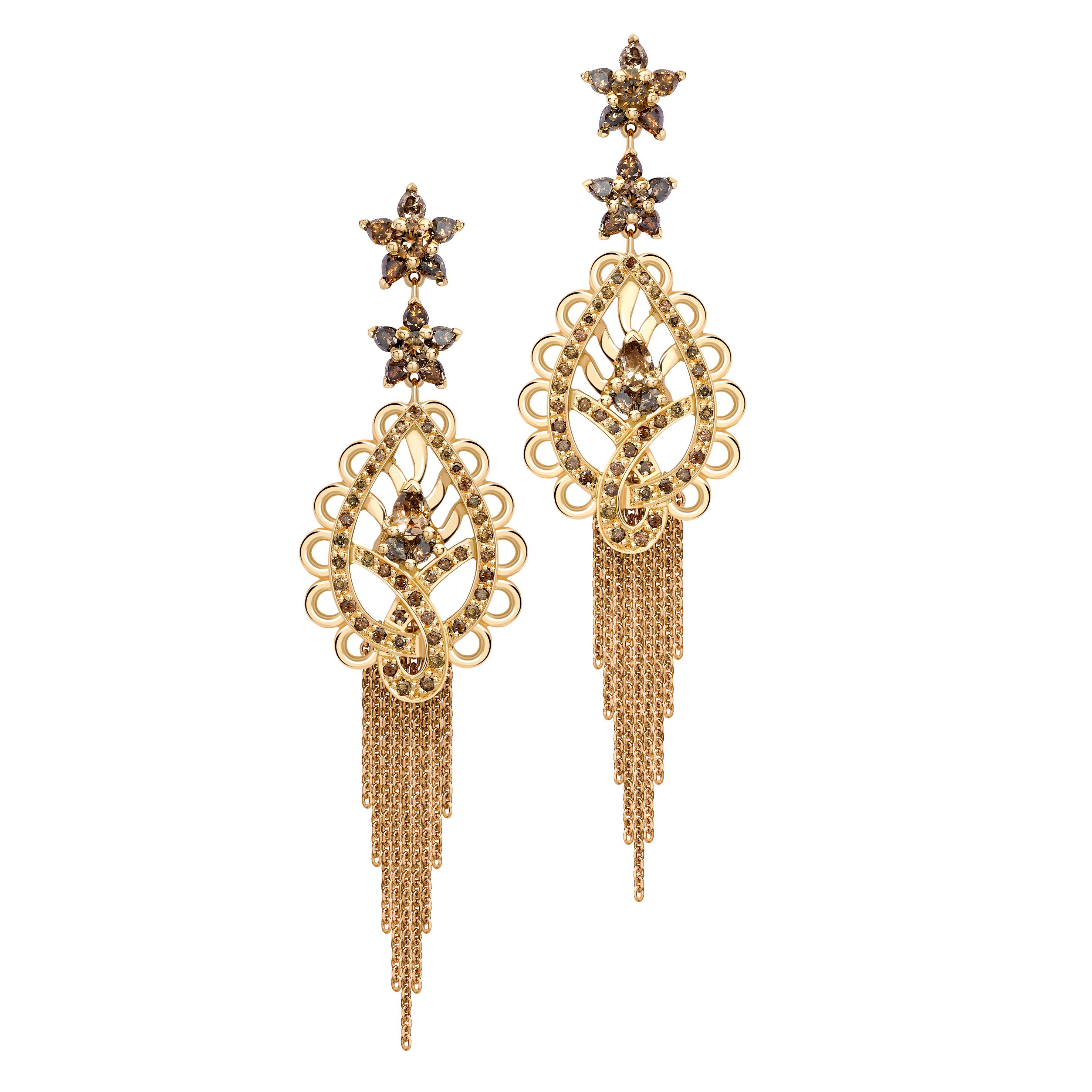 Contemporary Ana de Costa Rose Gold Cognac Diamond Paisley Drop Chain Earrings Pendant Set For Sale