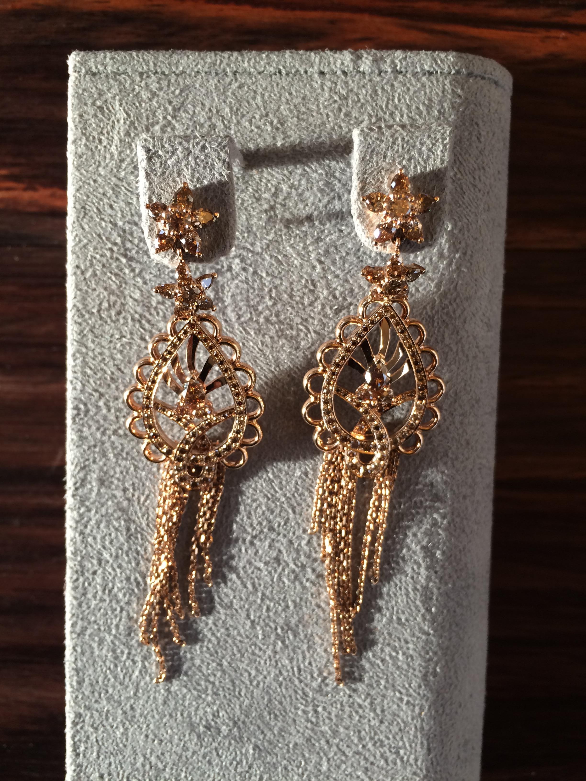 Ana de Costa Rose Gold Cognac Diamond Paisley Drop Chain Earrings Pendant Set In New Condition For Sale In London, Kent