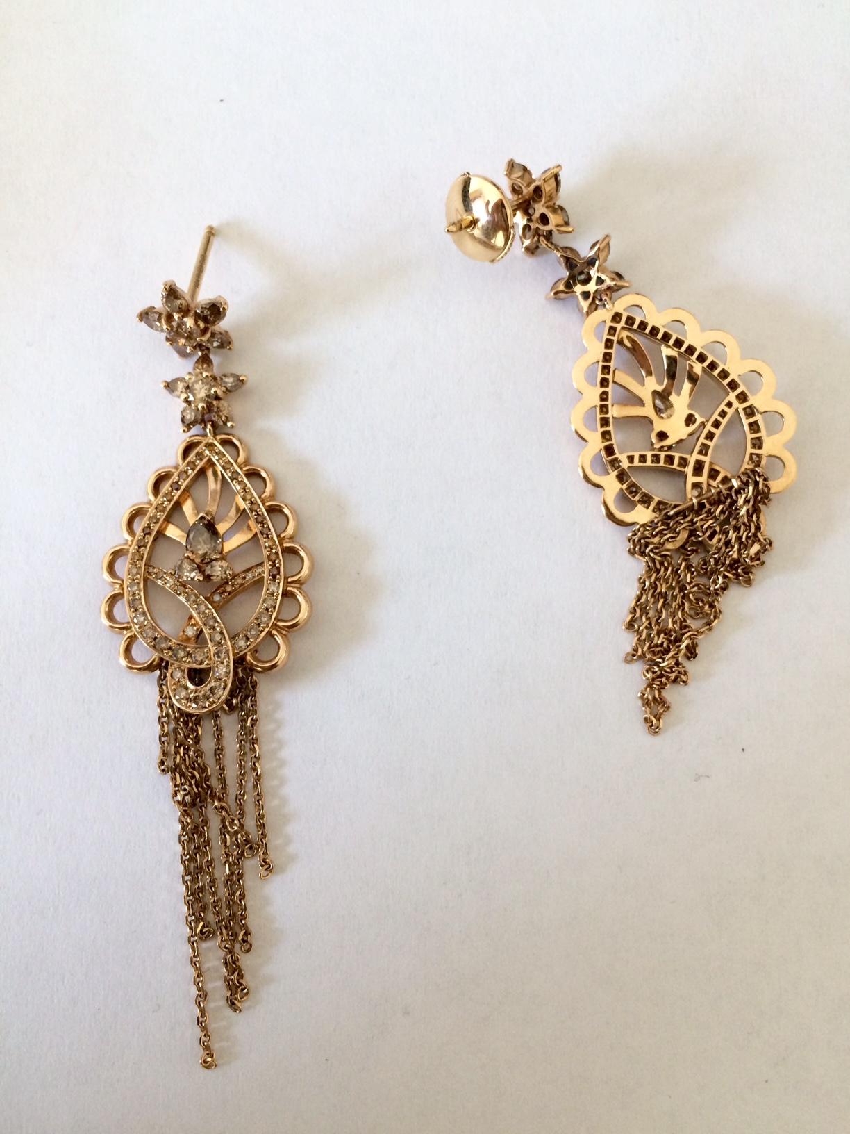 Women's Ana de Costa Rose Gold Cognac Diamond Paisley Drop Chain Earrings Pendant Set For Sale