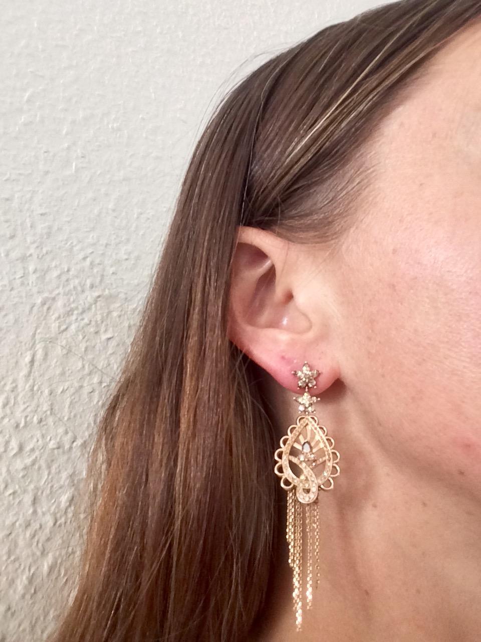 Ana de Costa Rose Gold Cognac Diamond Paisley Drop Chain Earrings Pendant Set For Sale 2