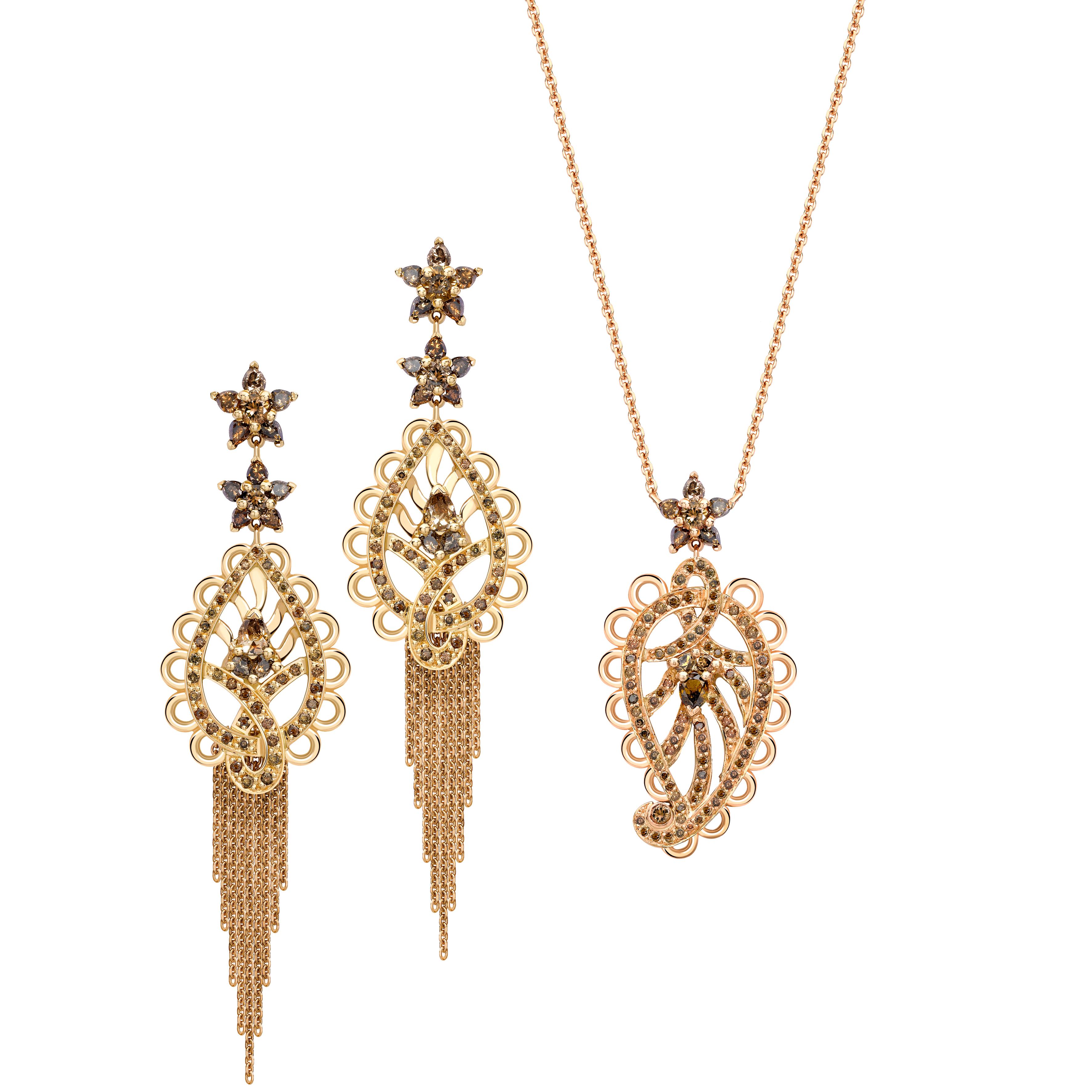 Ana de Costa Rose Gold Cognac Diamond Paisley Drop Chain Earrings Pendant Set For Sale