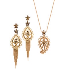 Ana de Costa Rose Gold Cognac Diamond Paisley Drop Chain Earrings Pendant Set