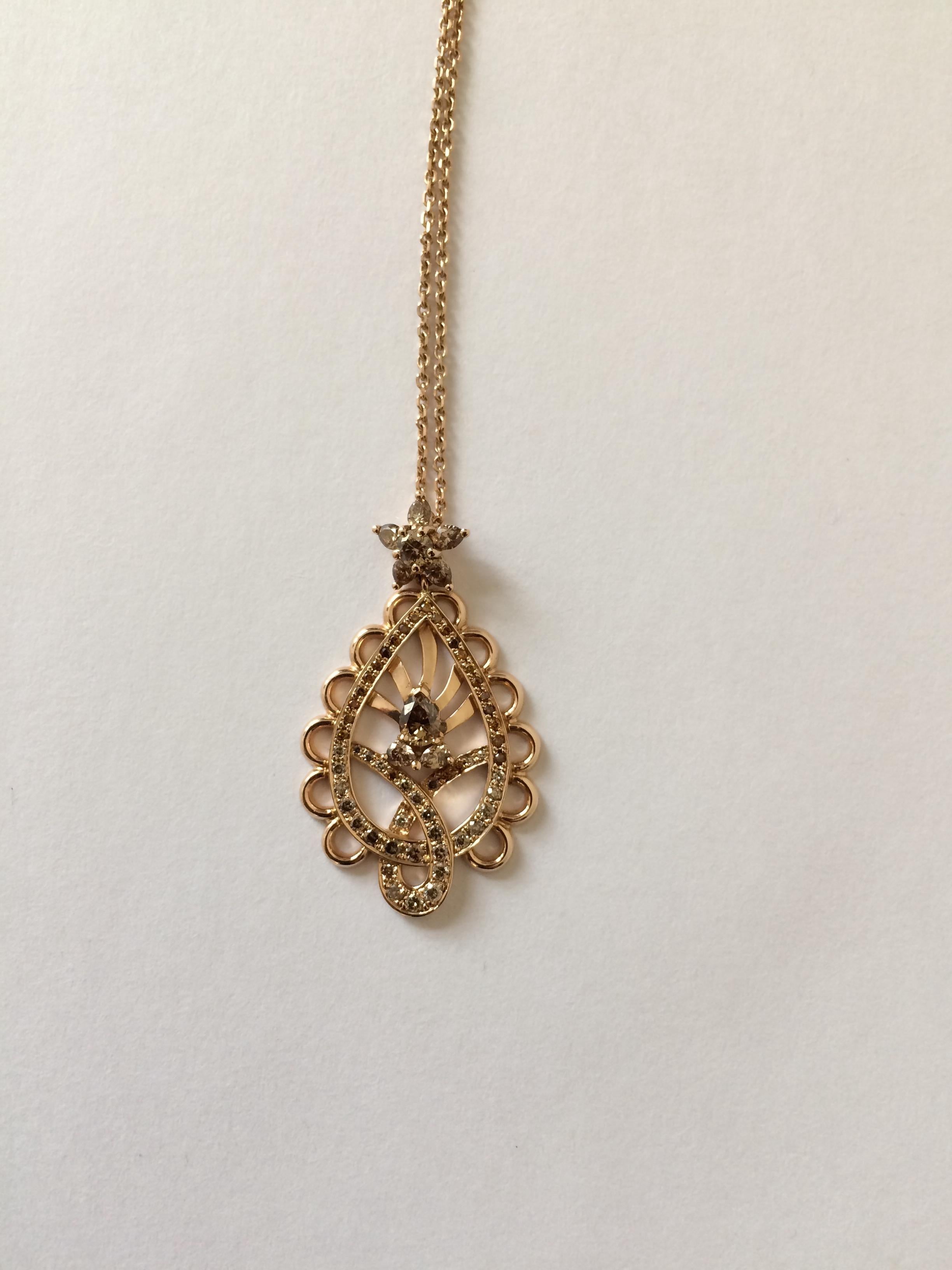 Contemporary Ana De Costa Rose Gold Pear Round Cognac Diamond Paisley Drop Chain Pendant For Sale