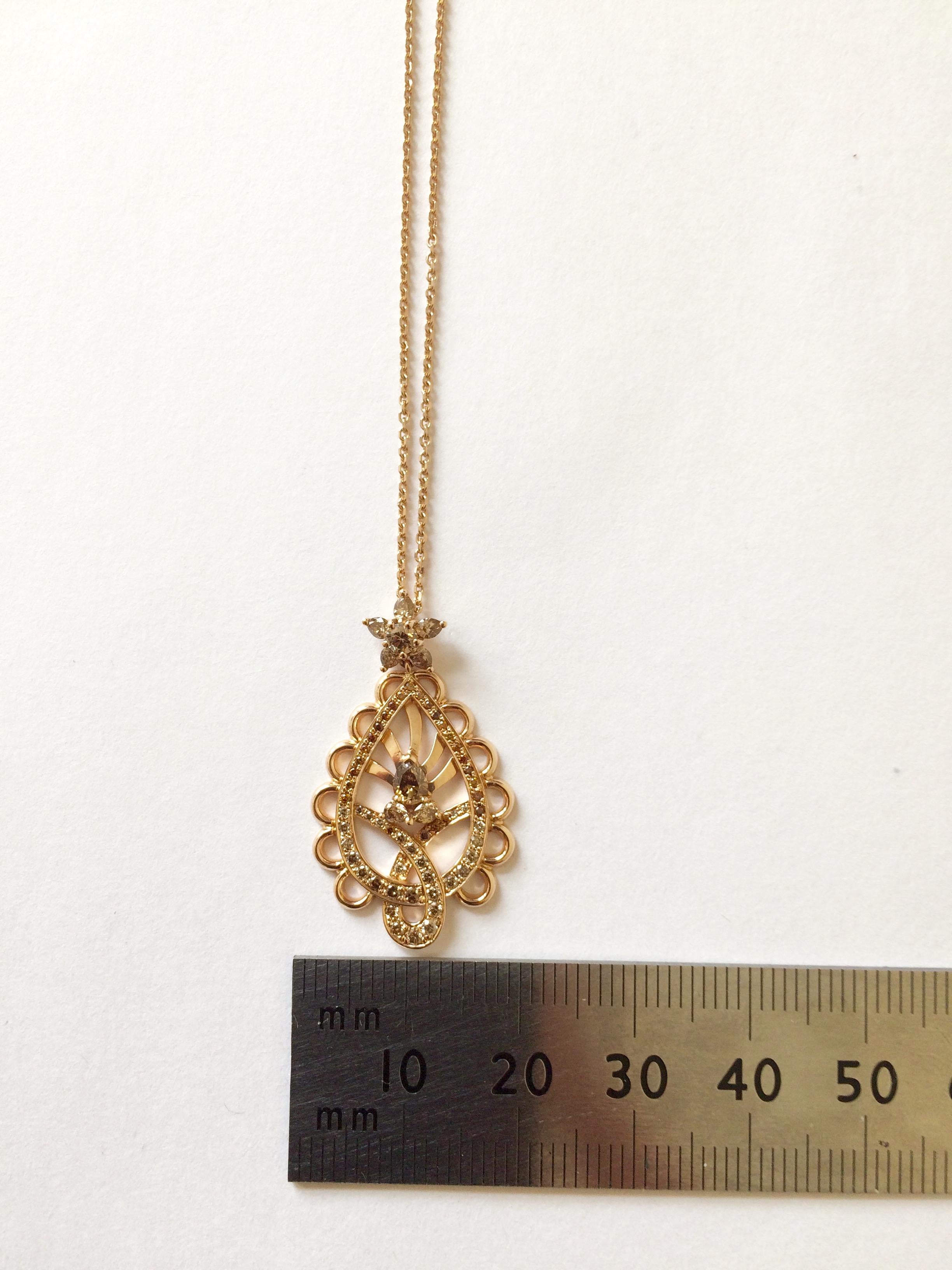 Women's Ana De Costa Rose Gold Pear Round Cognac Diamond Paisley Drop Chain Pendant For Sale