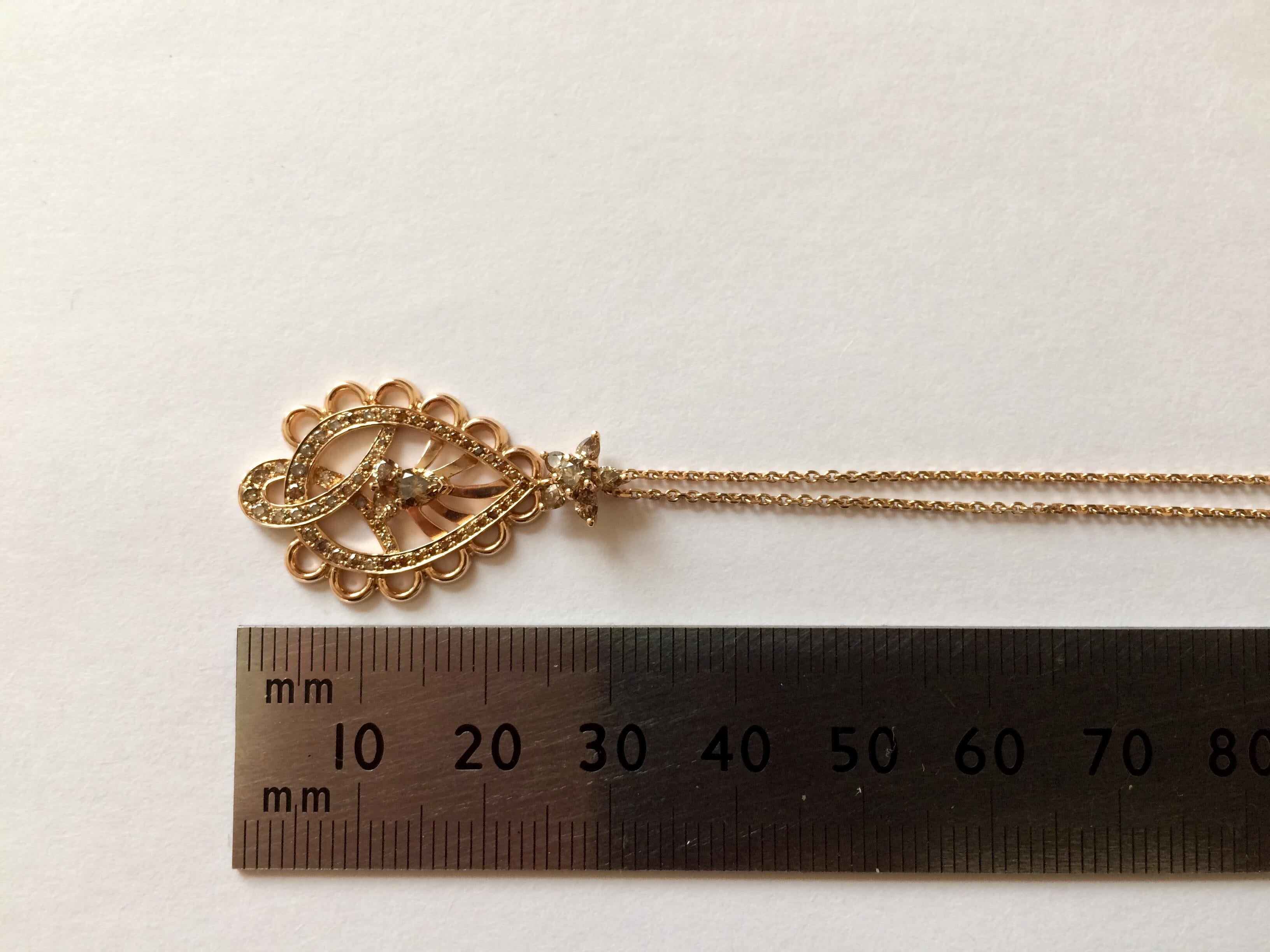 Ana De Costa Rose Gold Pear Round Cognac Diamond Paisley Drop Chain Pendant For Sale 1