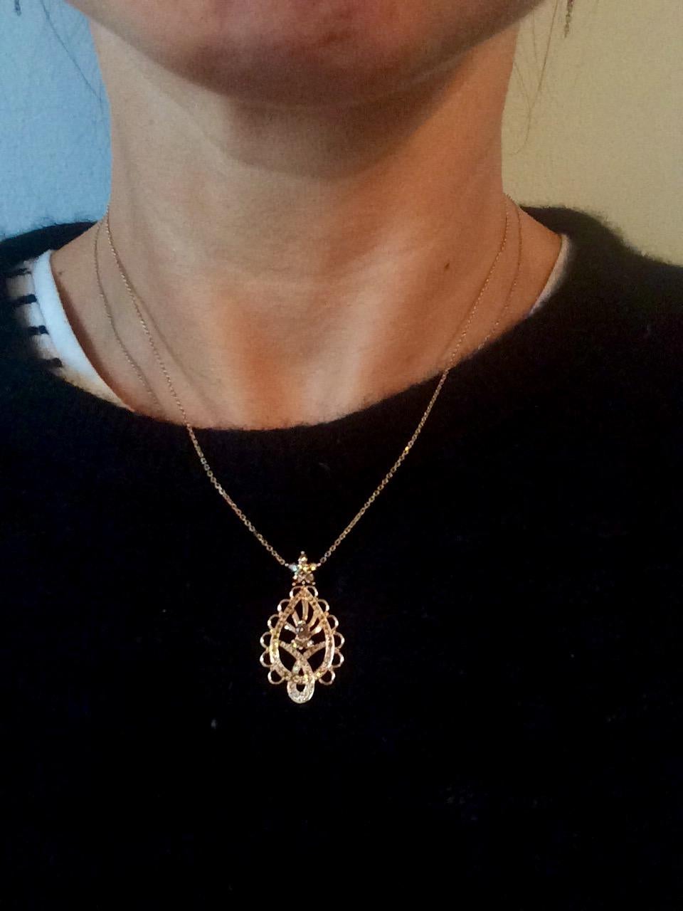 Ana De Costa Rose Gold Pear Round Cognac Diamond Paisley Drop Chain Pendant For Sale 3