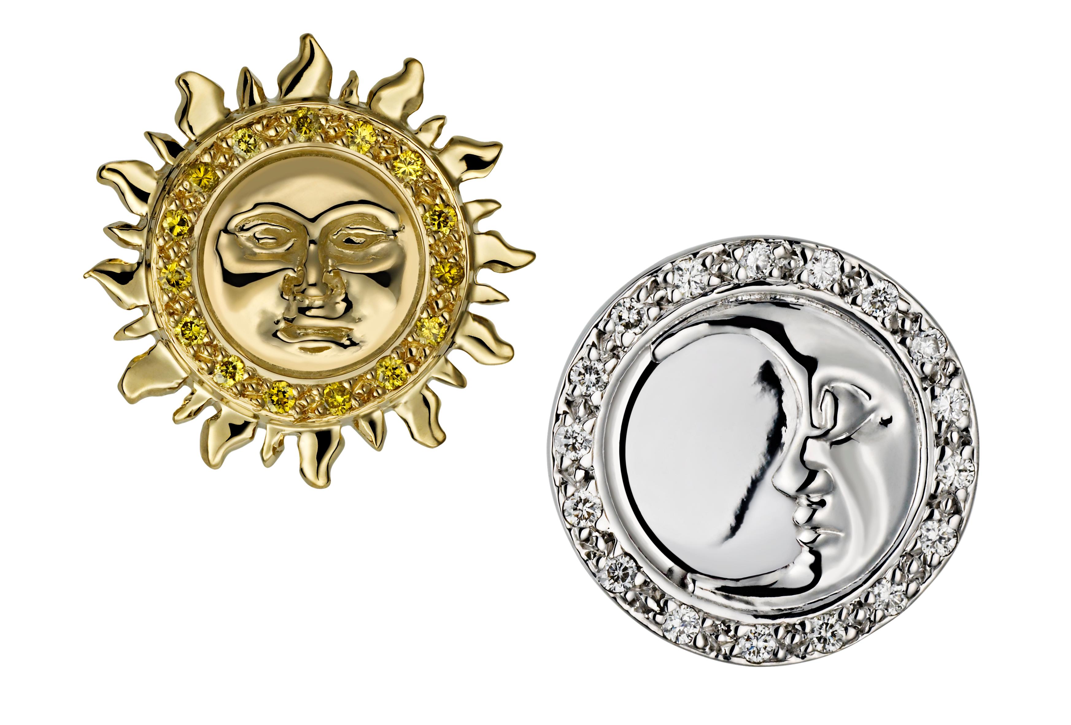 The moon studs sits on the ear and are pave set with white diamonds, totalling 0.30ct. The moon face has been delicately hand carved in London. 

They are studs for pierced ears with scroll backs. The colour way of gold and gemstones can be