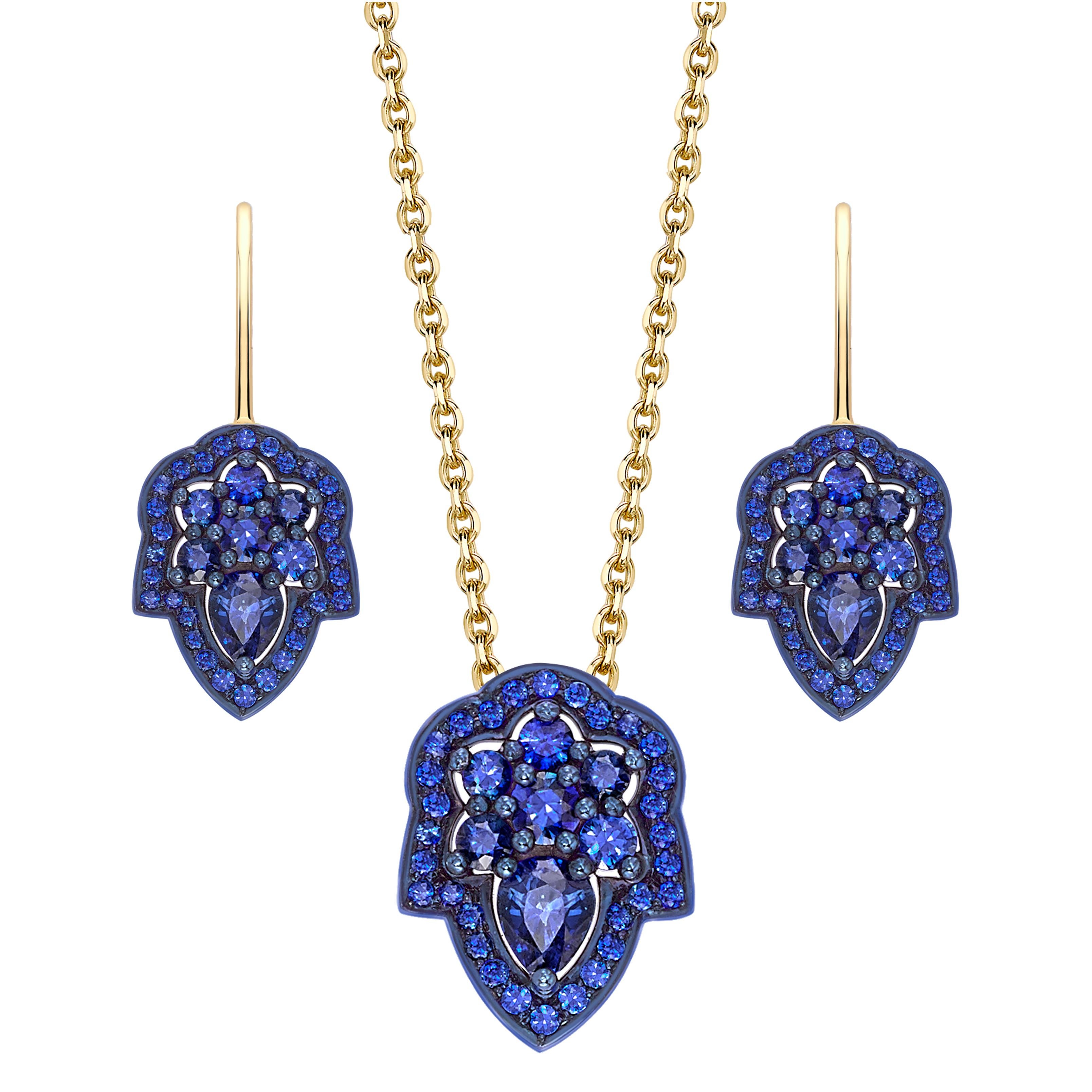 Ana de Costa Yellow Gold Blue Sapphire Pear Drop Earring Chain Pendant Set For Sale