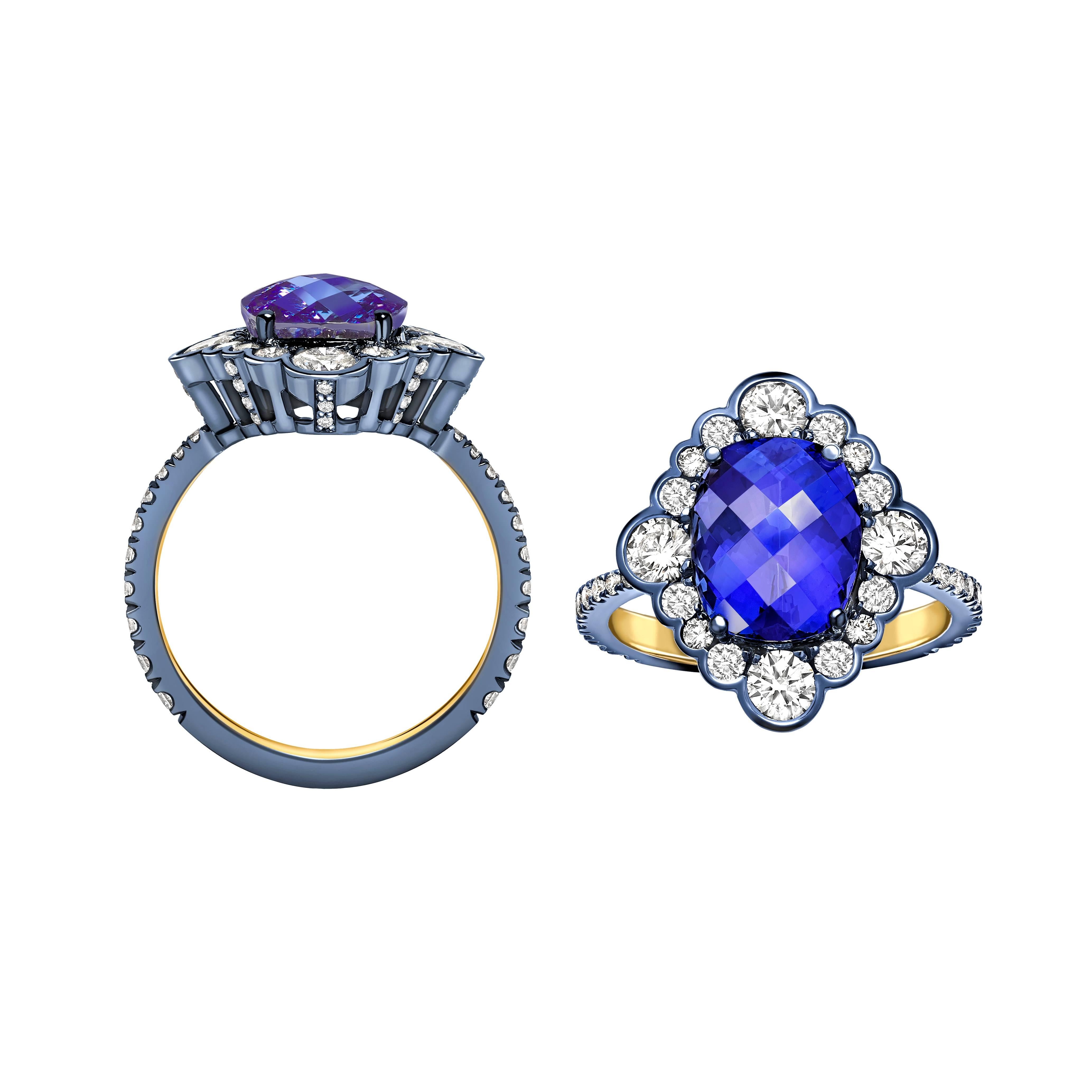 This beautiful ring is a unique one of a kind creation made in our London atelier using the finest craftsmanship and materials.

The tanzanite is a cushion cut with chequerboard detailing on the top and weighs 3.82ct. This is flanked by a beautiful