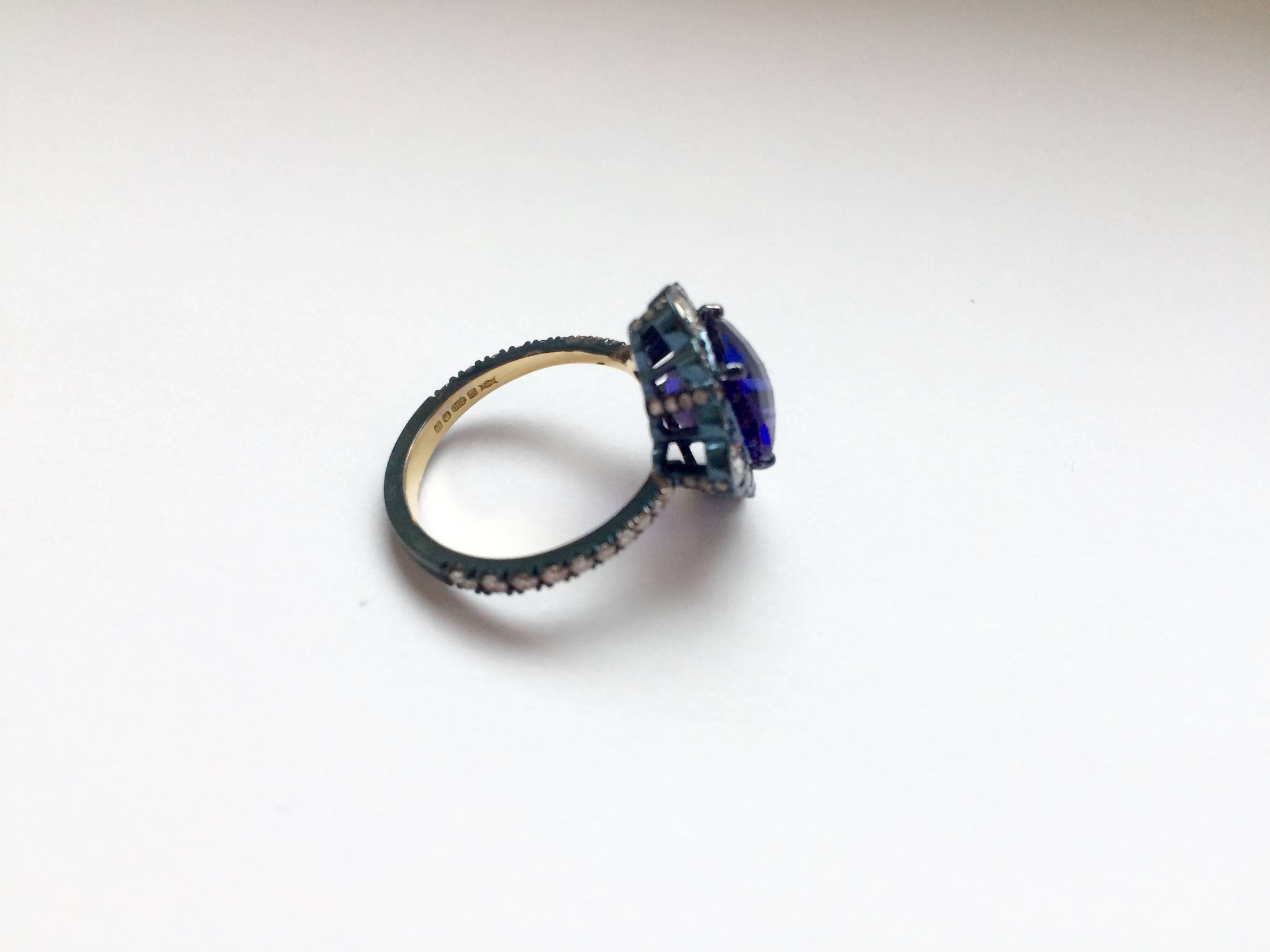 Ana De Costa Yellow Gold Blue Tanzanite White Diamond Cocktail Engagement Ring In New Condition For Sale In London, Kent