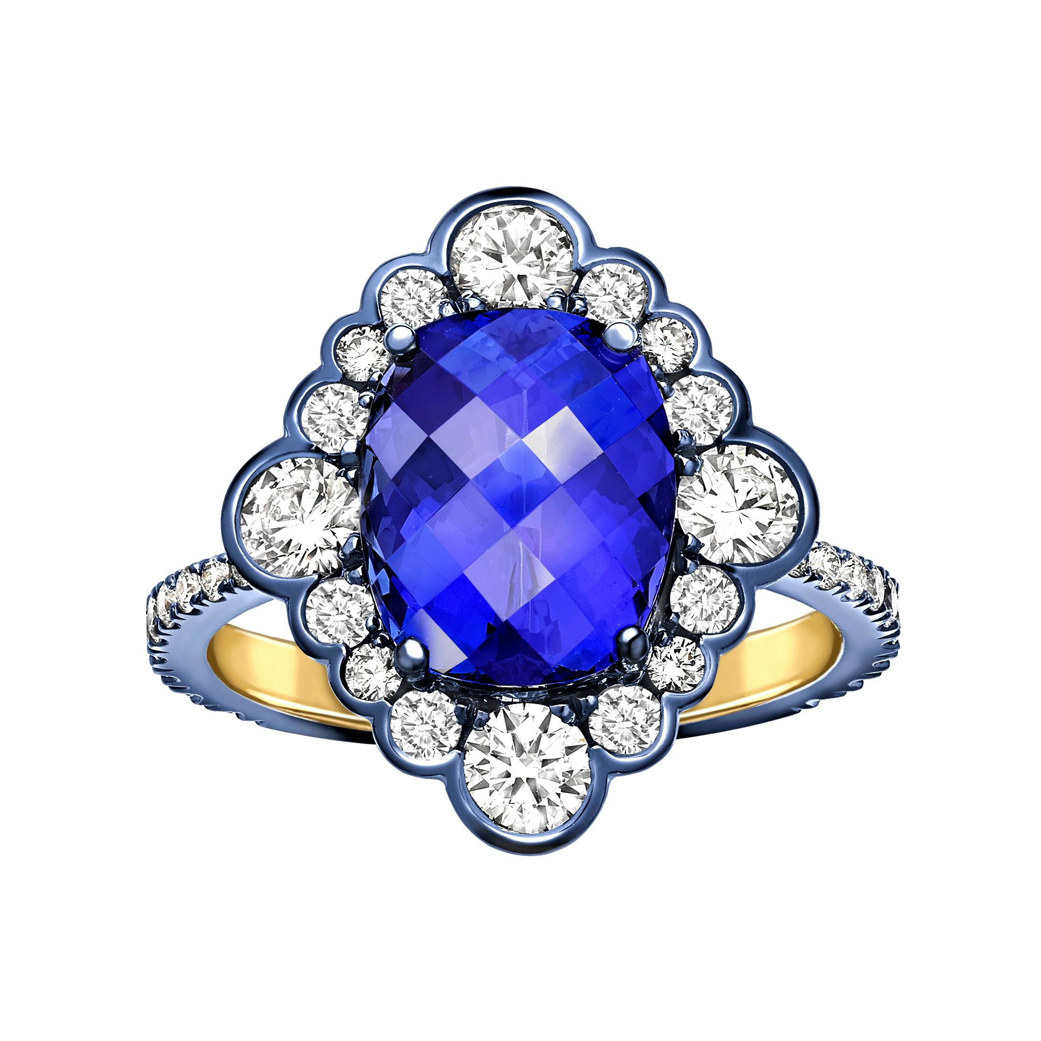 Ana De Costa Yellow Gold Blue Tanzanite White Diamond Cocktail Engagement Ring For Sale